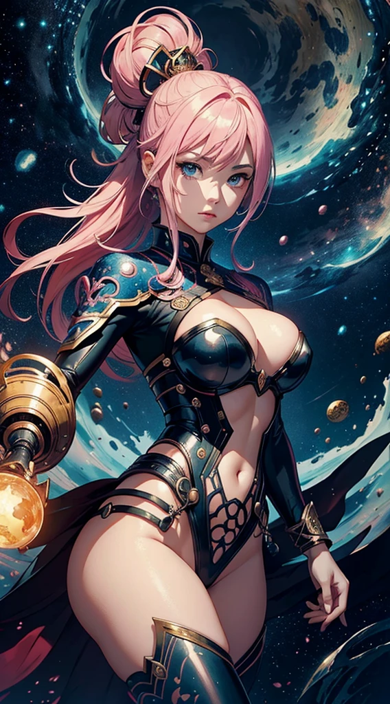 high quality, highly detailed face, gorgeous face, A female Samurai, pink hair, holding her Katana with her mechanical arm, looking at the viewer, her sword  dripping blood after the battle, fire flames and smoke at the background, ancient Japan blending the swirling cosmic colors of Vincent van Gogh's Starry Night with the surreal celestial precision of Salvador Dalí. In this cosmic dance, celestial bodies echo Turner's atmospheric touch, blurring the line between reality and fantasy, In the foreground, a fantastical creature takes center stage, blending the whimsy of Hieronymus Bosch's beings with the organic flow of Alphonse Mucha's art nouveau lines. Elements of H.R. Giger's biomechanical aesthetic add an otherworldly touch, by yukisakura, awesome full color