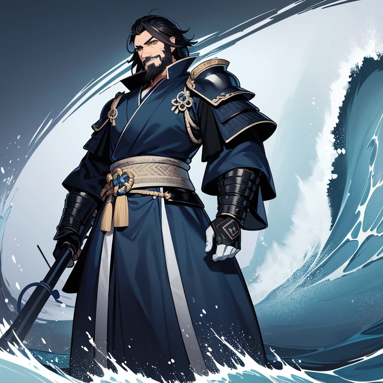 A tall middle aged samurai black hair and a black beard and light blue eyes with blue armor and a blue helmet with his left arm on his hip and his right arm holding a ball of water looking happy standing in the middle of a beach with waves crashing