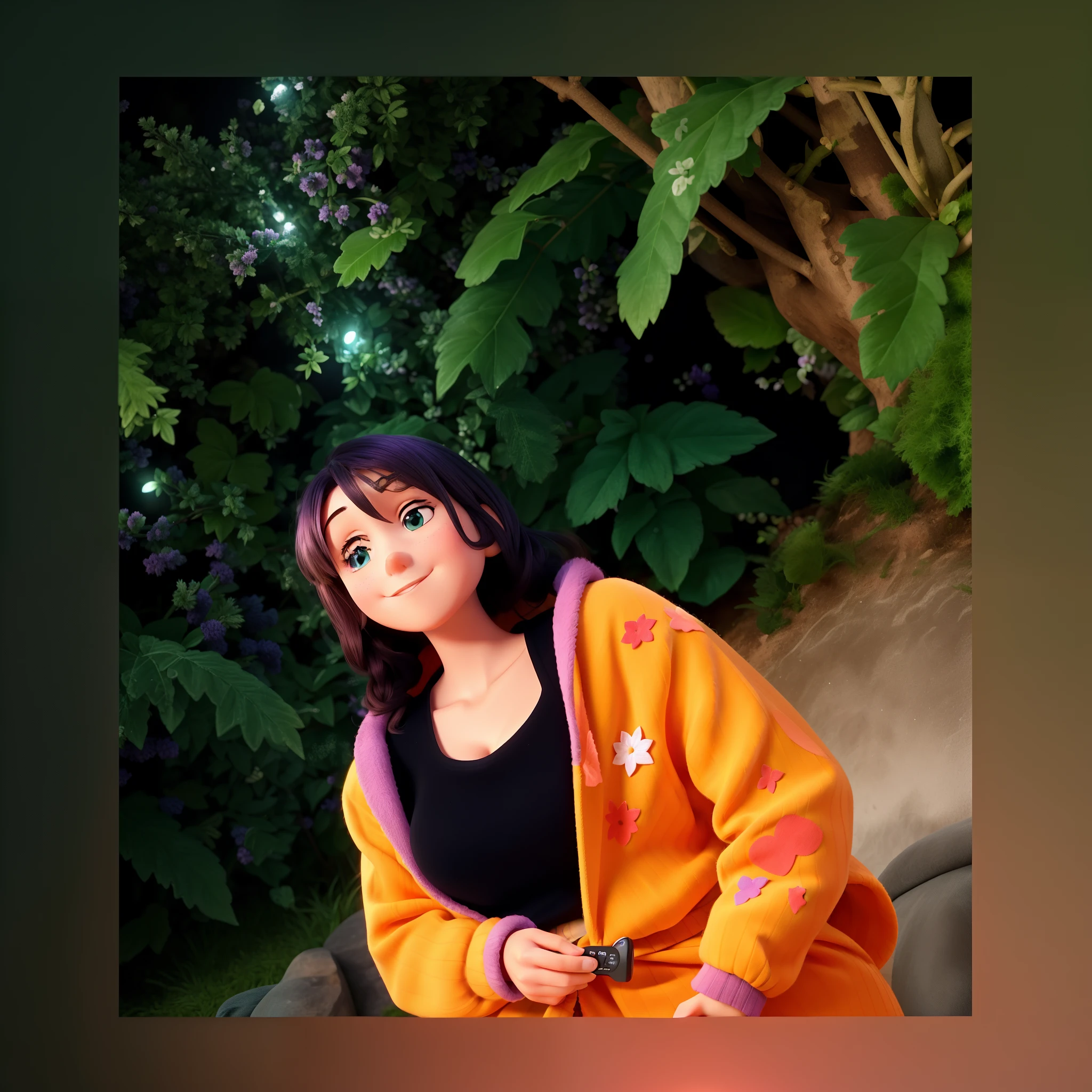 Frau in einem beigen Pullover, holding a remote control, Leuchtend mit farbigem Licht, violettes Umgebungslicht, sanftes Licht von oben, LoFi Portrait, Posieren in dramatischem Licht, Selfie einer jungen Frau, Hochdetaillierte, weiche Beleuchtung, 8k Selfie-Foto, soft portrait shot 8 k, Nachts mit Studiolichtern aufgenommen, violette volumetrische Beleuchtung, Mit Neonlichtern