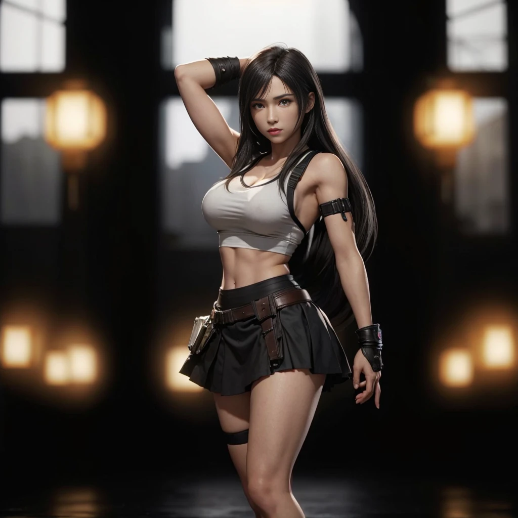 (best quality,ultra-detalhado),(Realistic:1.37),Tifa Lockhart, Rosto bonito e detalhado, maquiagem preta nos olhos, textura ultra realista, rosto delicado, corpo delicado, Fit physique, expression serious