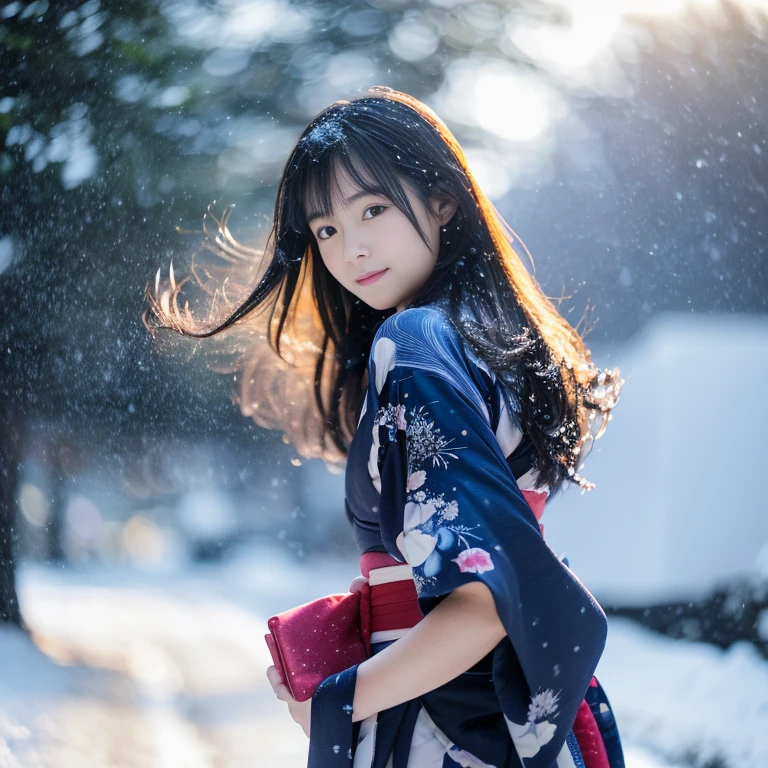 (Kimono)、、(top-quality,masterpiece:1.3,超A high resolution,),(ultra-detailliert,Caustics),(Photorealsitic:1.4,RAW shooting,)Ultra-realistic capture,A highly detailed,high-definition16Kfor human skin、 Natural skin texture、、The skin looks healthy with an even tone、 Use natural light and color,One Woman,japanes,,kawaii,A dark-haired,(depth of fields、chromatic abberation、、Wide range of lighting、Natural Shading、)、、(Falling snow:1.2)、(Hair swaying in the wind:1.2)、(Snow reflects light:1.2)、Back lighting(Silky hair that reaches down to your waist)(Full body composition)