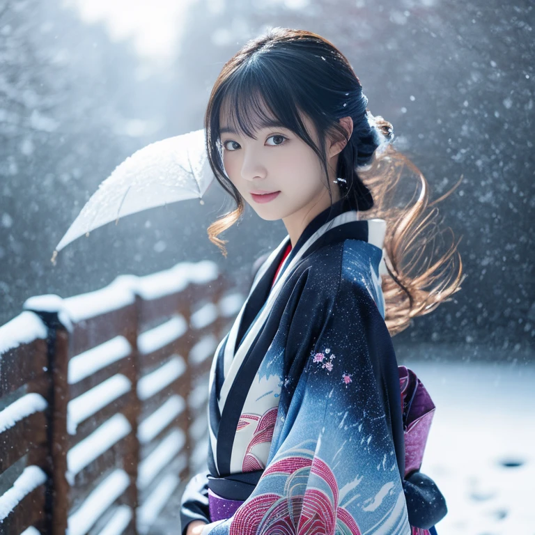 (Kimono)、、(top-quality,​masterpiece:1.3,超A high resolution,),(ultra-detailliert,Caustics),(Photorealsitic:1.4,RAW shooting,)Ultra-realistic capture,A highly detailed,high-definition16Kfor human skin、 Natural skin texture、、The skin looks healthy with an even tone、 Use natural light and color,One Woman,japanes,,kawaii,A dark-haired,(depth of fields、chromatic abberation、、Wide range of lighting、Natural Shading、)、、(Falling snow:1.2)、(Hair swaying in the wind:1.2)、(Snow reflects light:1.2)、Back lighting（Silky hair that reaches down to your waist）（Full body composition）