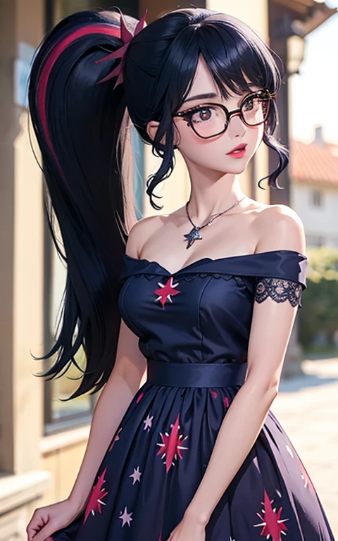 (La mejor calidad, Obra maestra), 1girl, 19 year old ,galaxia, brillar, vestido, Particle, viento, Flor, Parte superior del cuerpo, fondo oscuro, Mirando al espectador, cabello largo , vestido de verano , vestido ligero , maquillaje , labios rojos , hermosa sonrisa , fondo variado , senos grandes , cabello morado con mechas de color rosa y lila , foto de cuerpo completo , posando sexy , ponytail , gafas de lectura