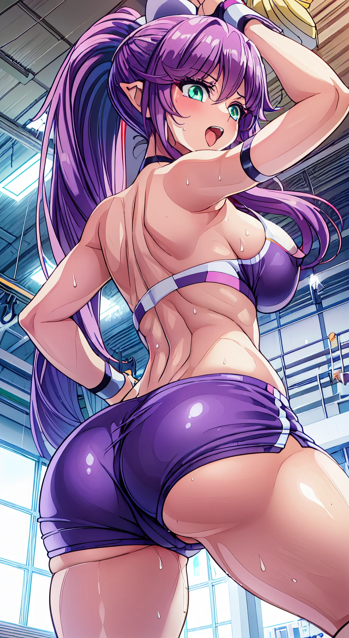 gym, Exasis,(cheerleaders), Hot, Sweating, full of sweat,, Colossal tits, Ass, Lifting, Ponytail, Purple hair, White Sports Bra、White sports panties、green colored eyes、Armpits、:D