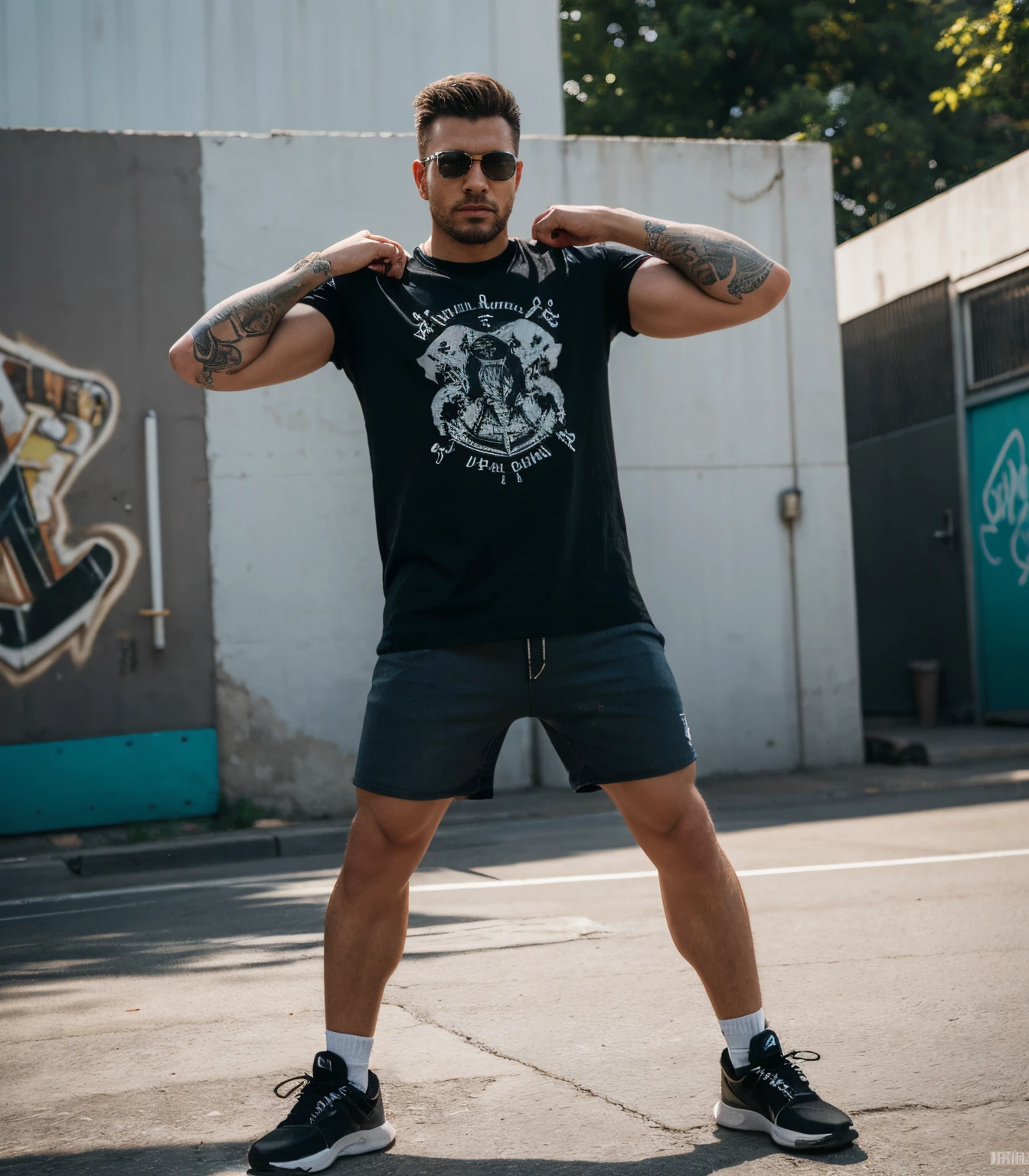 (best quality,4k,highres,ultra-detailed:1.2),realistic,photorealistic,professional painting of a man character, [loose shorts covering the knee], [rock t-shirt], [sawn fists], [short hair], [photo from bottom to top], [vivid colors], [studio lighting], [extreme detail description], [physically-based rendering], [sharp focus], [ultra-fine painting], [HDR], [bokeh], [professional], [portrait], [men], [strong], [confident], [muscular], [outdoor], [urban], [graffiti wall in the background], [dynamic pose], [gritty], [intense], [sunglasses], [tattoos], [urban fashion style], [sneakers], [youthful], [energetic]