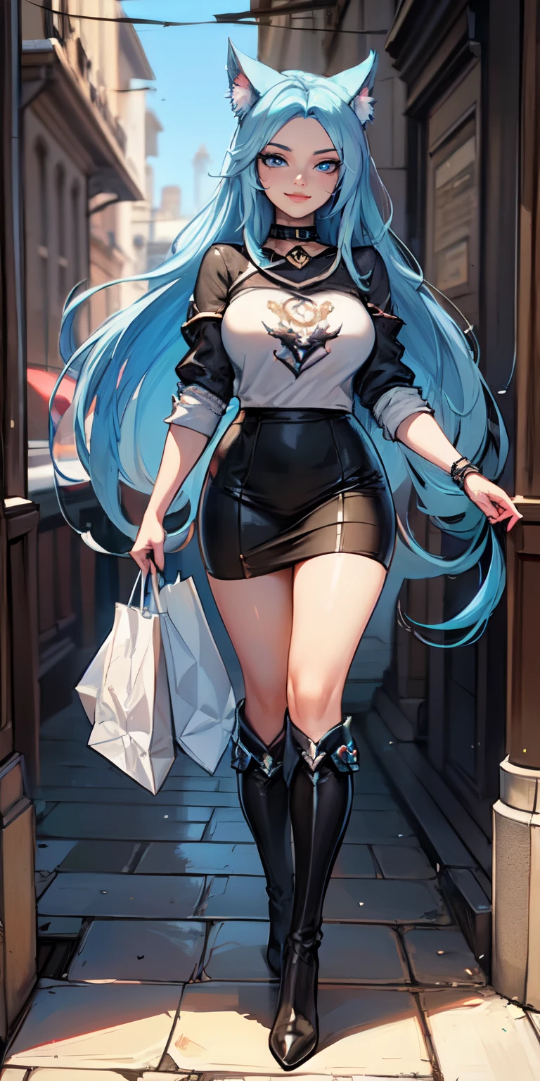 Masterpiece, 8k, art style by sciamano240, very detailed face, detailed clothes, detailed fabric, 1girl, ( Death sworn Katarina (league of legends 1.1)) beautiful face, asymmetrical long hair, light blue hair, out shopping, wearing Prada top, Dior thigh boots, plaid pencil skirt, black stockings, very detailed blue cat eyes, cute smirk, Walking outside , sunny day, full body view , seductive eyes,