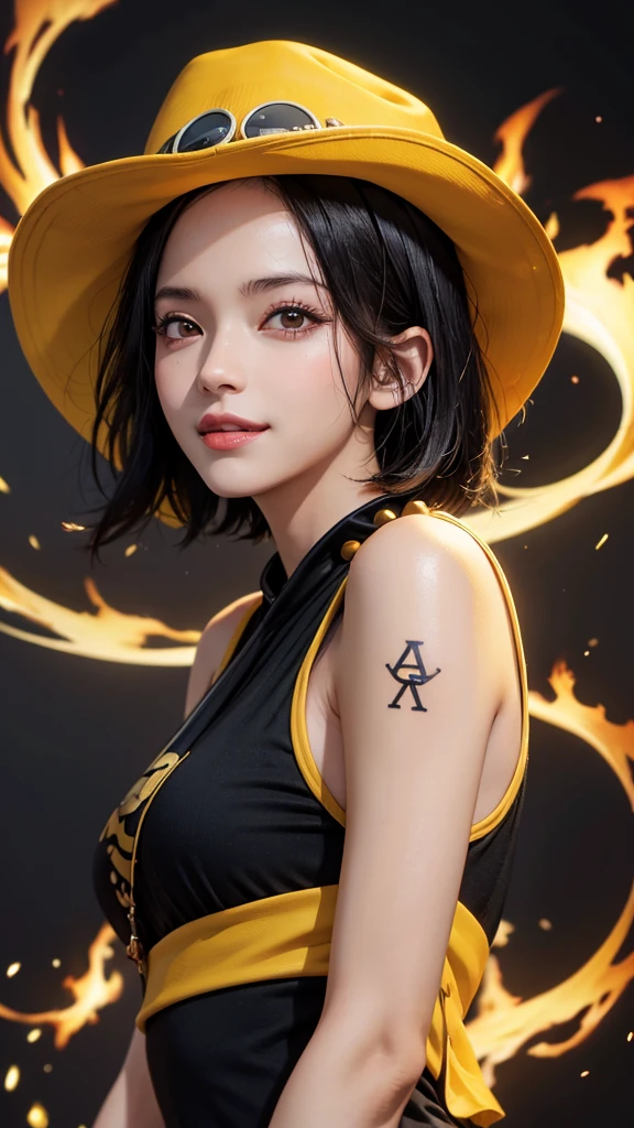 1girl, female ace in anime one piece, short hair , black hair, black eyes, beautiful,yellow hat, black clothes , smile, fire background, ultra detail, realistic