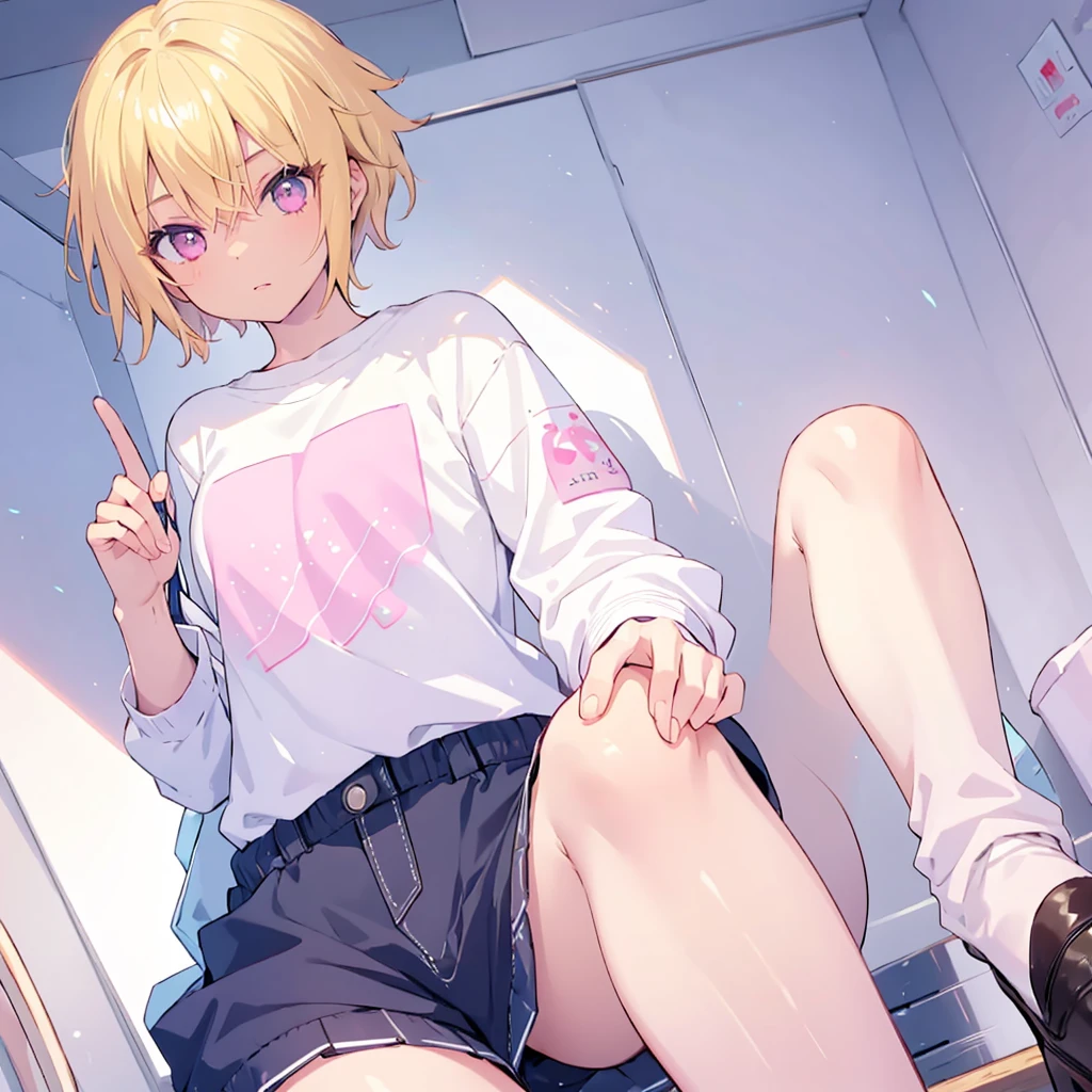 A tomboy girl with short blonde hair and pink eyes with dark skin, attractive body WEARING CASUAL CLOTHES.
