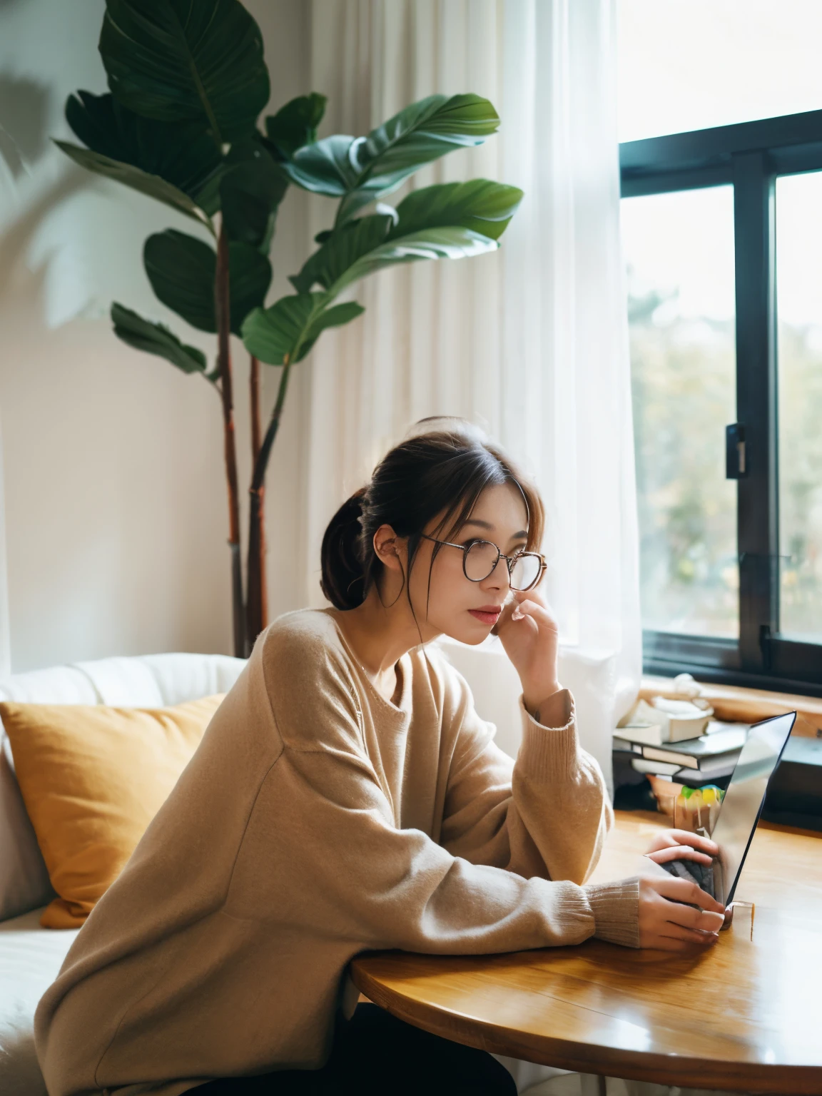 Looking at the window、I can't see your expression from behind、There's nothing on the desk