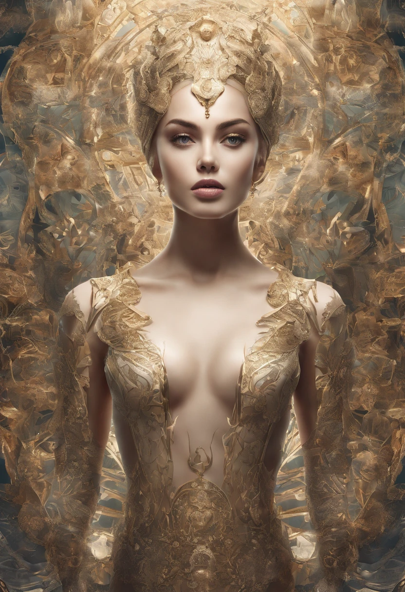 (((Full Body Shot))), A Female model Corrupted By The Temptation Of Evil. Ultimate Beautiful Digital Art, Ultra High Resolution, Ethereal, 16k, Soft Light Source In Oblique Foreground, Beautifully Symmetrical Face, Exotic Large Meticulously Drawn Eyes