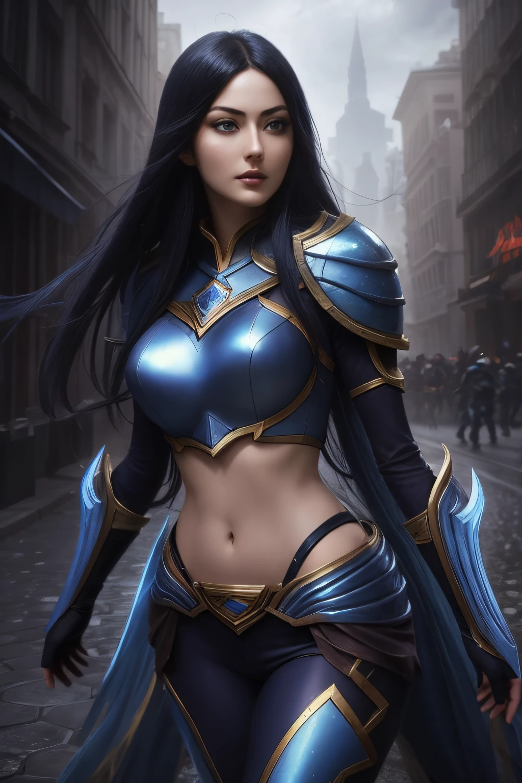 ((Irelia from League of legends)), aesthetic artwork, perfect face, perfect eyes, fit body, (blue eyes:1.2) perfect body, wide hips, slim waist, perfect figure, hyperrealistic, in a city, wearing real life clothing, ultra high quality, perfect hands, high resolution, 8k