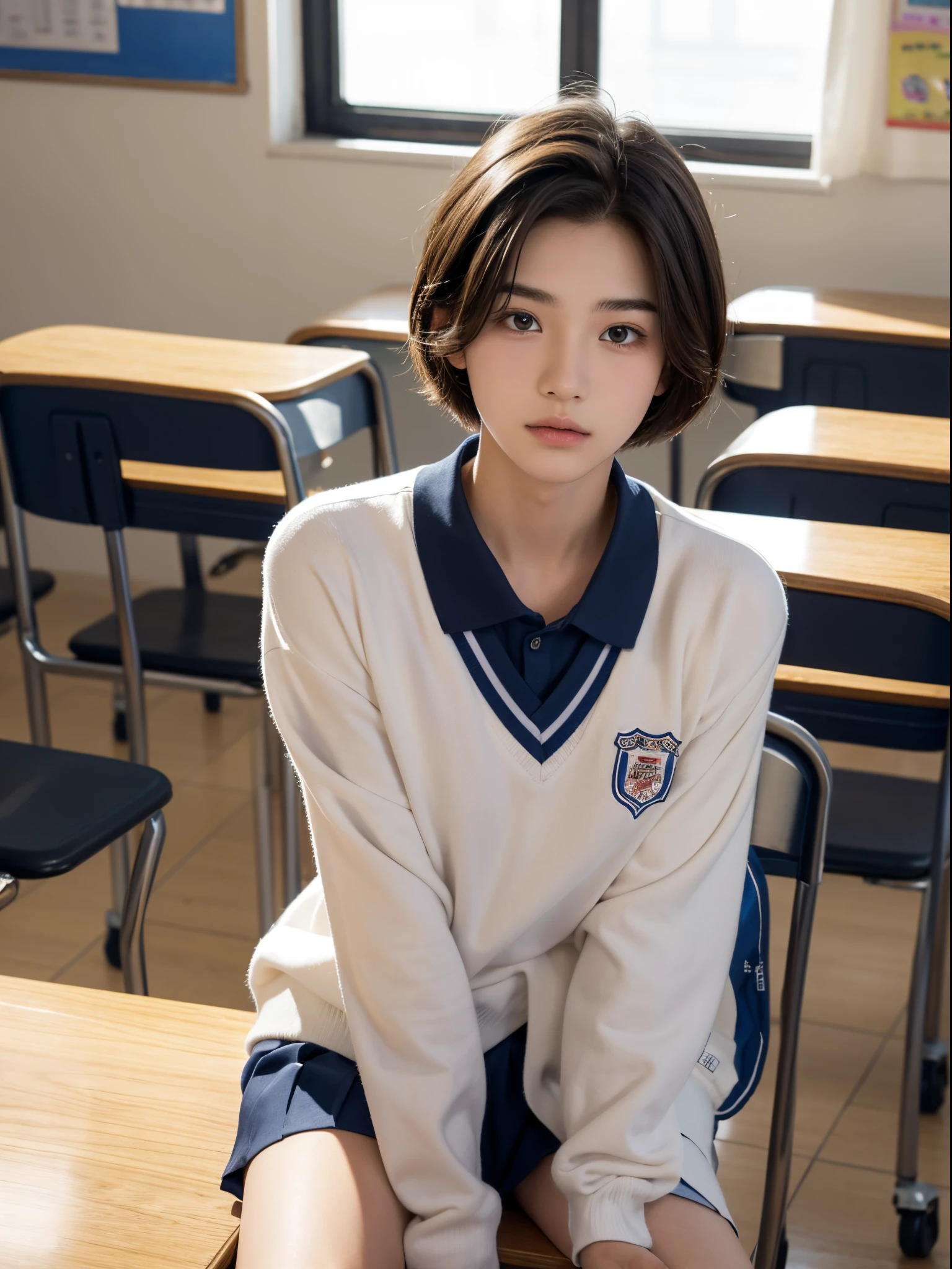 male, , short hair parted in the middle, highschool uniform, classroom