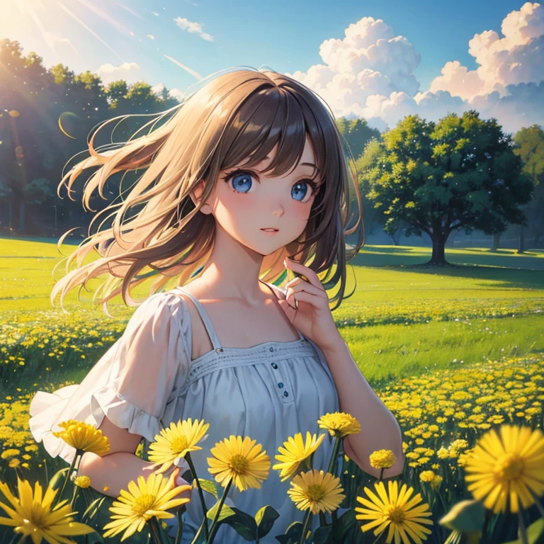 (best quality,ultra-detalhado),oil painting,retrato,colorido,soft lighting,beautiful eyes and detailed lips,long eyelashes,flowing hair,peaceful atmosphere,summer vibes,playful interaction with horses,expression joyful,3d feeling,Sunlight streaming through the clouds,Cores sonhadoras,sombras sutis,dandelions dancing in the air,Brisa suave,innocence and ,grass swaying in the wind,Immersive experience in nature,momento feliz.
