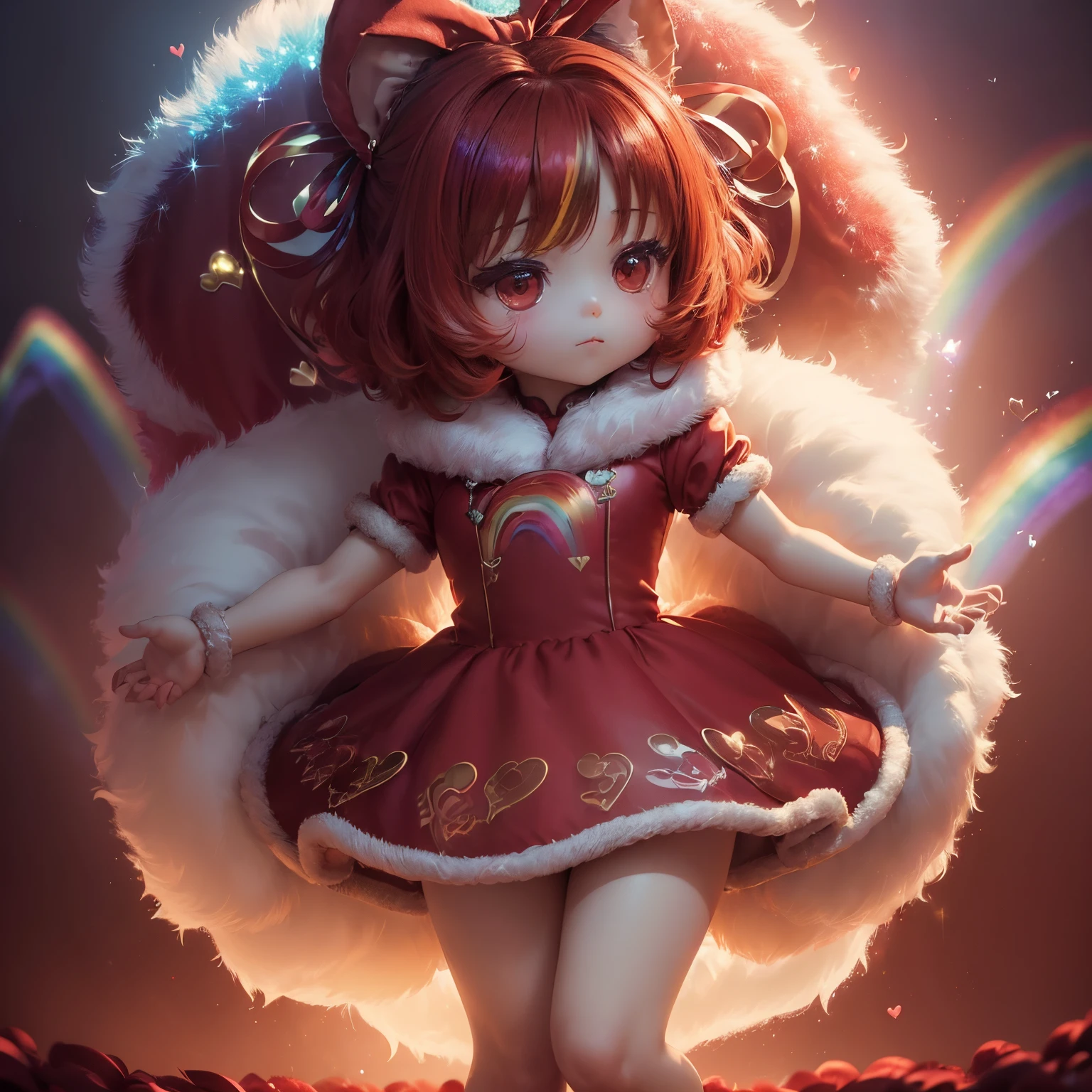 masterpiece、top-quality、ultra-detailliert、(Chibi Chara:1.5)、(((Red dress)) Decorated with ((Fake fur)):1.4), Effortlessly chic hairstyle:1.4), (Immerse yourself in the red world: 1.2), (Soft, diffuse lighting: 1.4), (lots of magical sparkles:1.4), (Dreamy whimsical atmosphere:1.3), (A condensed version of an incredibly cute worldview:1.3), (red magic in the air:1.2), (colorful pastel sky:1.2), (Attractively decorated with rainbows:1.4), (Decorated with hearts and ribbons:1.4),Full-body standing figure、Chibi Anime