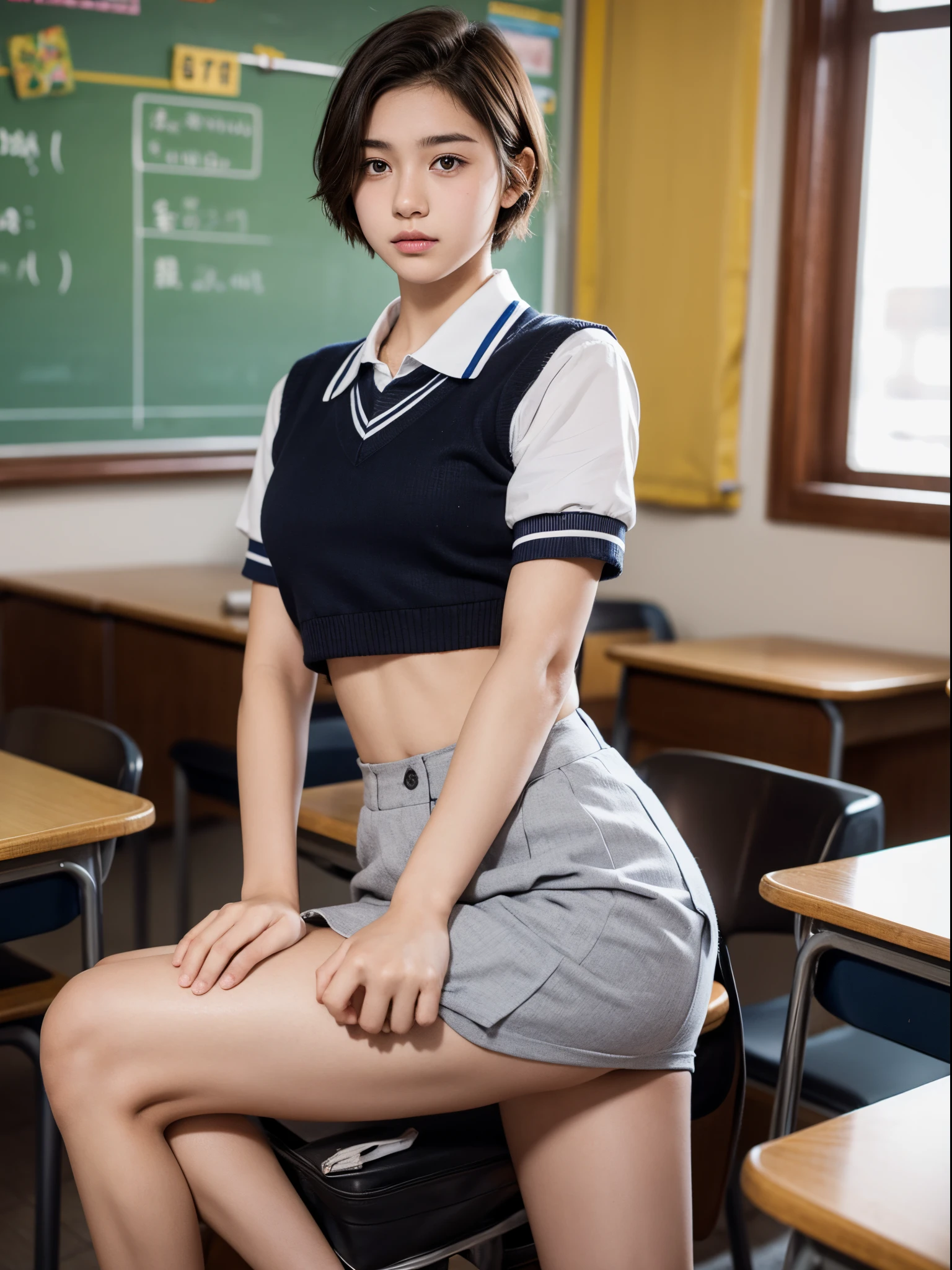male, 17 years old, short hair parted in the middle, highschool uniform, classroom