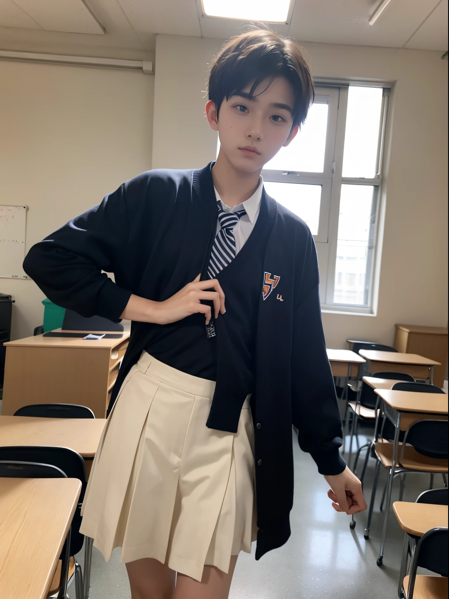 male, , short hair parted in the middle, highschool uniform, classroom