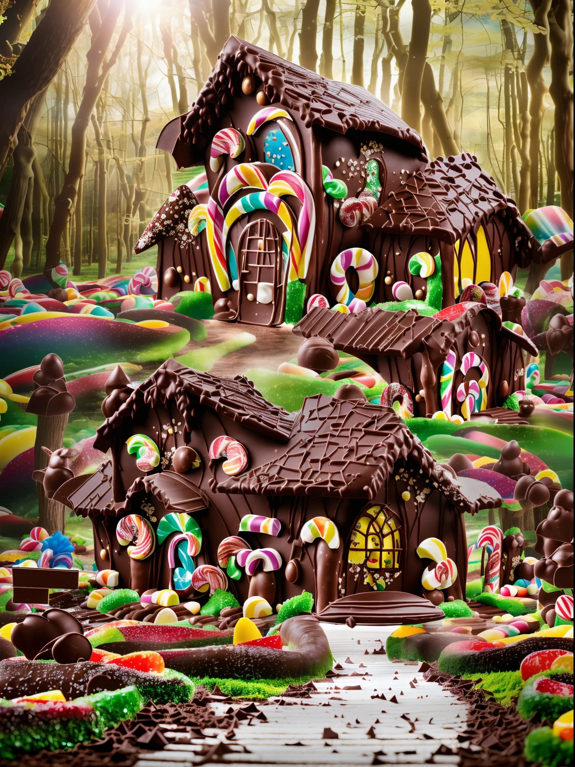 (RAW Photos, Best Quality), scene inside forest, ((The World of Fairy Tales)), House of sweets, (((A house made of chocolate and candy, colorful appearance))), awardwinning photo, detaile, 8K分辨率, Professional Lighting,