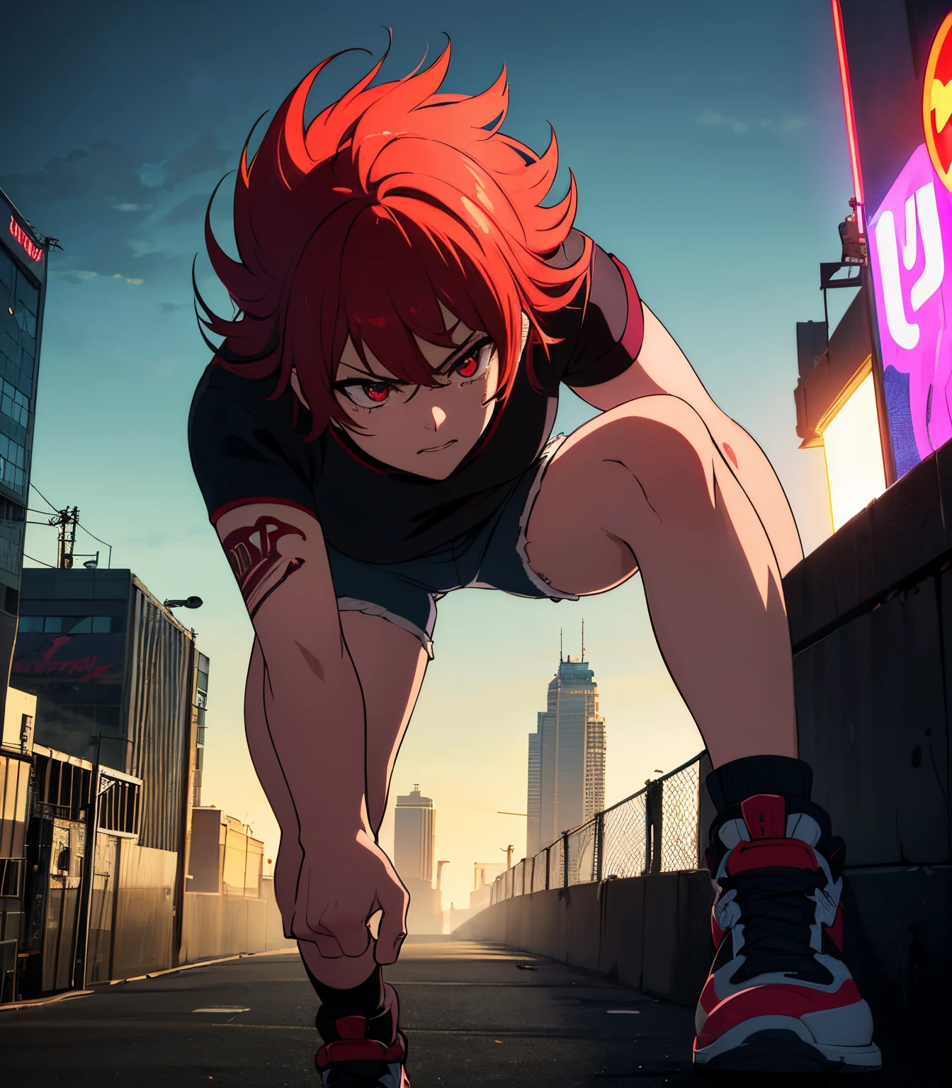 (best quality,4k,ultra-detailed,photo-realistic:1.37), (anime:1.1), (man:1.1), (character:1.1), (loose shorts:1.1), (covering the knees), (rock t-shirt), (sawn fists:1.1), (short hair), (looking down), (photo from the bottom up), (ultra real), (ultra detailed), vivid colors, (portrait lighting:1.1), (contrast:1.1), (expressive:1.1), (dynamic pose), (tattoos), (graffiti background:1.1), (urban setting), (cityscape), (night scene), (bright neon lights), cinematic style, (high energy), (intense), (powerful), (emotionally charged), (gritty), (powerful aura), (determined expression), (artistic perspective), (angular composition), (dramatic shadows), (strong contrast), (excitement), (movement), (visual impact), (action-packed atmosphere), (eye-catching)