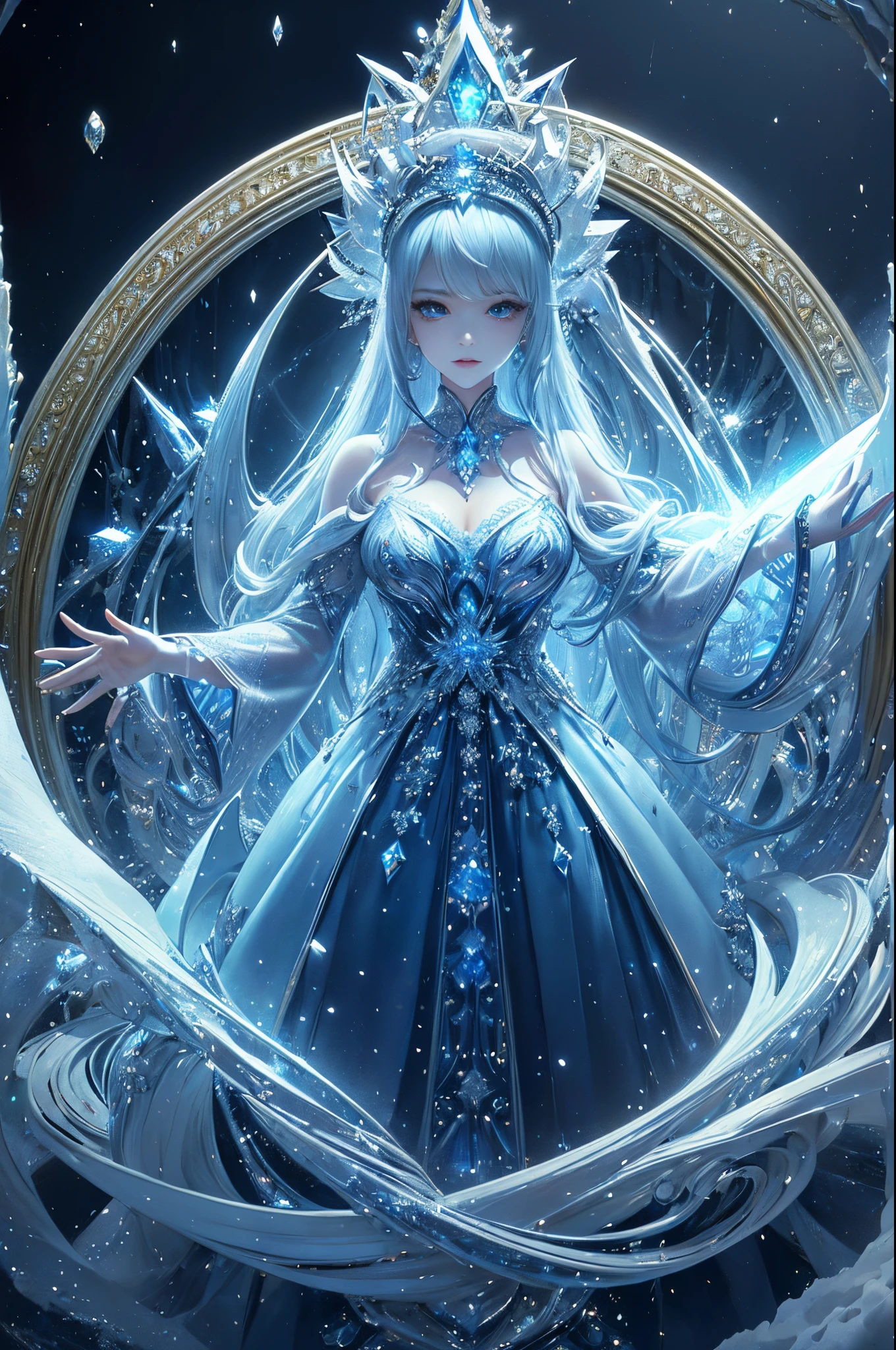 platinum tone、((​masterpiece)))、(((top-quality)))、((ultra-detailliert))、(A hyper-realistic)、(highly detailed CGillustration）、light Particle、Halo、Official art、Fractal Art、Geometry learned、Abstract background、Moscow at the beginning of the 20th century、blizzard、Full body luminescence、Queen of snow、Cool Beauty、Adult woman in her 40s、Slender eyes、sharp gaze、sapphire eyes、sophisticated menegance、Gorgeous beauty、The magic of a freezing blizzard、gorgeous dress、diamond encrusted solo、Perfect Angle、perfect-composition