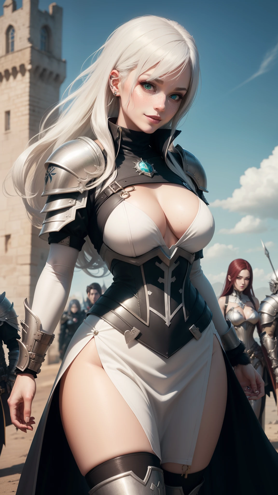 gwen tennyson,yorha 2b,tracer,erza scarlet,overwatch,atelier ryza,close up,castle siege battle,tattoos,silver and white plugsuit,white short sleeve knight top,short sleeve knight full plate armor,long knight skirt,steel knight corset,super long hair,queen makeup,green eyes,multicolored silver hair,long dress train,sexy smile, freckles,beautiful girl,silver thigh high boots,large breasts,8k,ultra detailed,realistic,fantasy art,silver knight uniform,queen gown dress,hair pin,ear piercings,templar hand and neck jewelry,(weather:windy),1girl,long jade knight coat,battlefield,holding a templar shield,