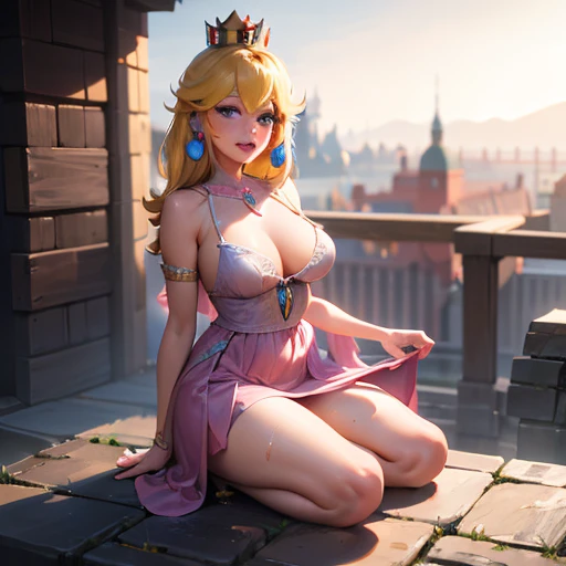 Full body, nsfw, highres, masterpiece, heavy rain, dim ligthing, adult, perfect skin, female, looking at viewer, portrait, (RSEEmma:1.1), cleavage, nervous, narrow waist, skinny, (PrincessPeach), (Princess Peach), soaking wet dress (Pink dress:1.3), detailled eyes, blue eyes, sensual, grass, mushrooms,mushroom kingdom, Mario land, pink lips, ((glossy lips)), bitting bottom lips, glossy skin, oily skin, one single flame of lighting (see-through:1.1), (night time 1.3),blonde, heart shaped bangs, gold crown