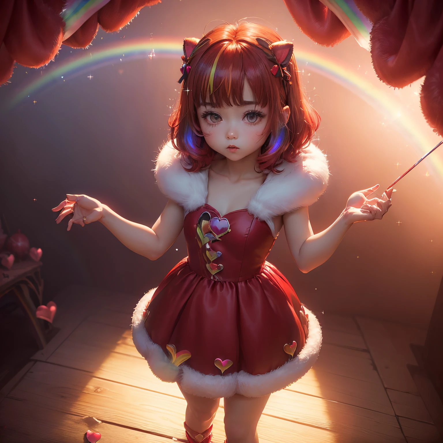 masterpiece、top-quality、ultra-detailliert、(Chibi Chara:1.5)、(((Red dress)) Decorated with ((Fake fur)):1.4), Effortlessly chic hairstyle:1.4), (Immerse yourself in the red world: 1.2), (Soft, diffuse lighting: 1.4), (lots of magical sparkles:1.4), (Dreamy whimsical atmosphere:1.3), (A condensed version of an incredibly cute worldview:1.3), (red magic in the air:1.2), (colorful pastel sky:1.2), (Attractively decorated with rainbows:1.4), (Decorated with hearts and ribbons:1.4),Full-body standing figure、Chibi Anime