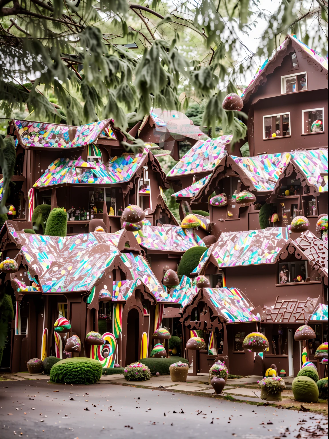 (RAW Photos, Best Quality), scene inside forest, ((The World of Fairy Tales)), House of sweets, (((A house made of chocolate and candy, colorful appearance))), pleasant village scenery, awardwinning photo, detaile, 8K分辨率, Professional Lighting,