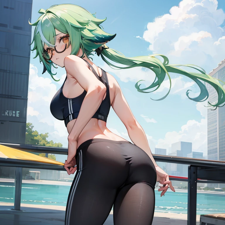 (cowboy shot),zenin_maki,ponytail,glasses,bangs,green hair,brown eyes,large breasts,slender,(white gym shirt, short sleeve,gym uniform,dark blue buruma:1.3),see through,wet,sweat,(sleeveless), embarrassed ,blush,(((raise ASS:1.3))),(ass focus,from behind:1.3),(looking back,all fours:1.3),(cameltoe:1.3),
masterpiece,Noise Reduction,perfect anatomy,high resolution, ultra-detailed, ultra-detailed face,game cg,dutch angle ,beautiful detailed eyes,visualart,five fingers, perfect hands, perfect lighting, sparkling pupils,