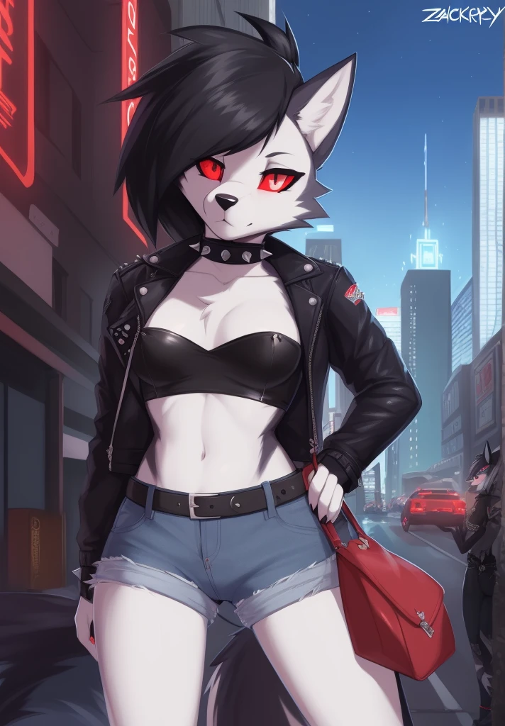 zackary911, by zackary911, anthro, lycanroc, ((hellhound)), ((dark grey fur)), female, solo, 1woman, small breasts, ((denim shorts)), ((leather jacket)), ((tube top)), ((red sclera)), ((white eyes)), wolf tail, ((black ponytail)), ((black hair)), city street scene, courier bag, spellbook, on e621, choker spiked collar, detailed body, finely detailed eyes, finely detailed paws, punk style, female focus, camel toe, ((nipple bump)), (leather belt)