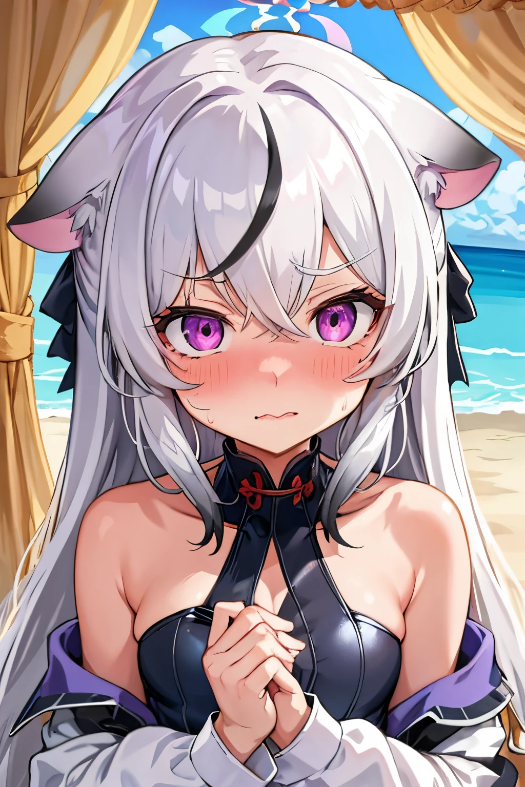 1girl, kokona, indoors, purple eyes, white hair, :3 mouth, embarrassed, beautiful eyes, beautiful lips, shiny lips, extremely detailed eyes and face, long eyelashes, close-up, warm lighting, vibrant colors, looking at the viewer, embarrassed look, blush, in a bikini, on the beach