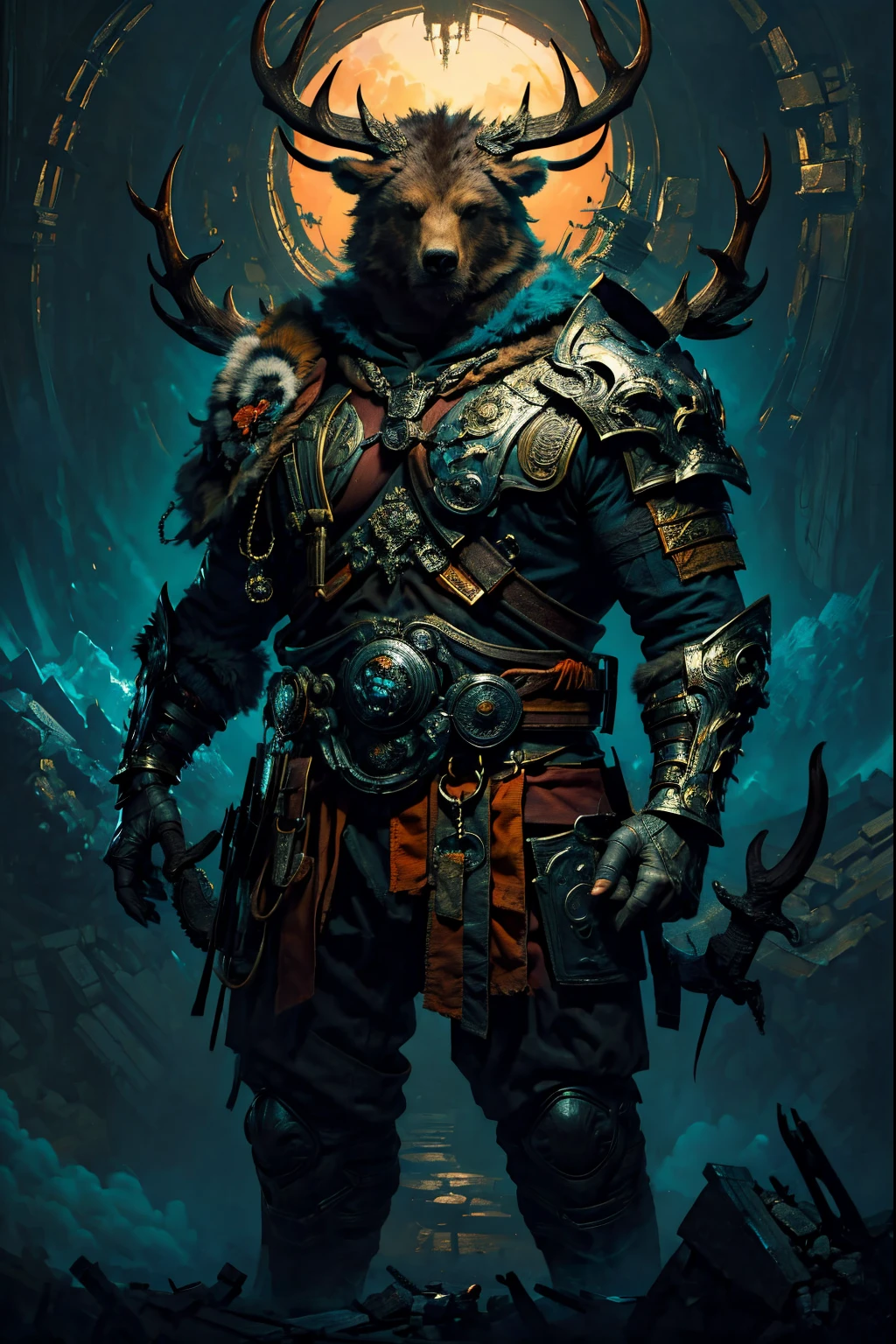 's, gothic art, lightand shade contrast, Standing painting, estimate, holland angle, emphasis lines, tmasterpiece, acurate, Anatomically correct, A high resolution, Best quality at best, super detailing, Award-Awarded，D14BL0 style druid，humanoid monster man，Be physically fit，upper part of body，Rough face，There  no armor，animal skin wrapping body，Get along with bears and other animals, eagle and deer，Epic war fantasy digital art，(greg rutkovsky:0.8), (cyan and orange:0.4），People drawing, Standing painting