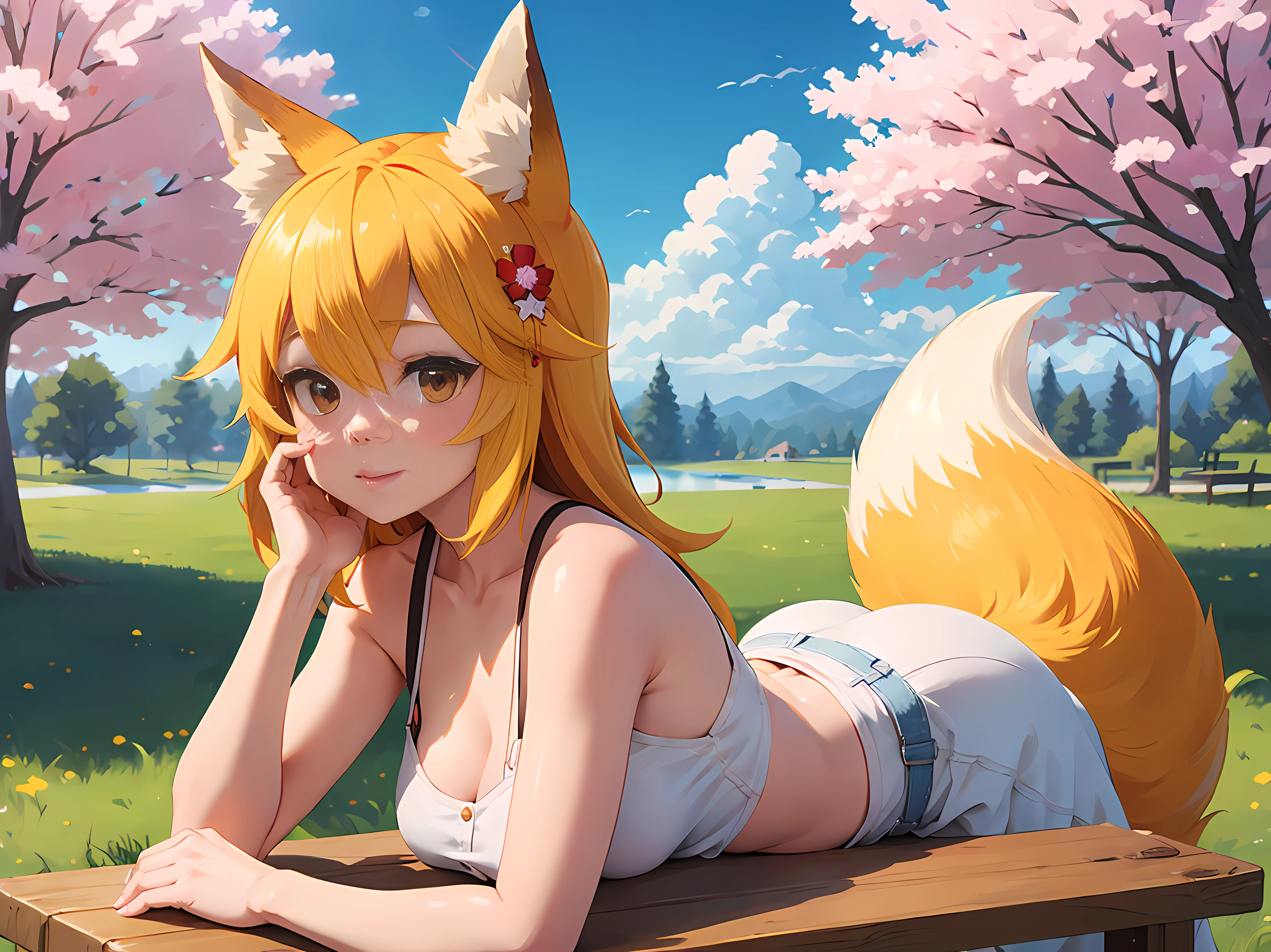 A girl, Fox ears, 4K Image, flowers of different colors, field, Beautiful trees, Maximum details, village, at home, Beautiful cloud, looks directly at the viewer