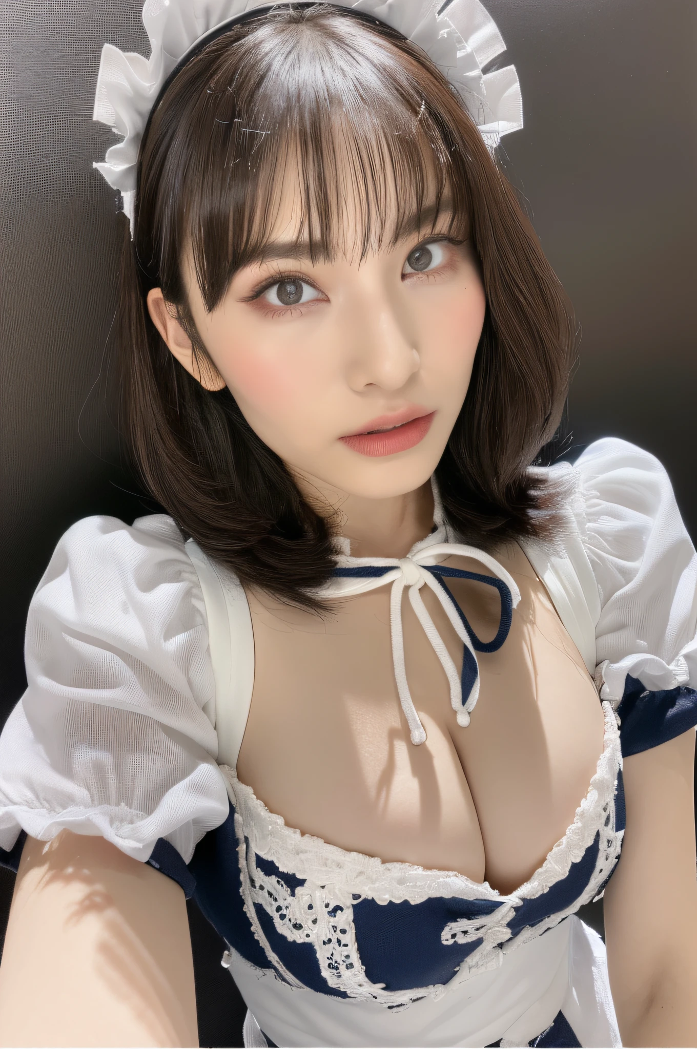 (Original Character、Unity 16K Wallpaper, Masterpiece, Best Quality, Ultra-Detailed, Extremely Detailed CG, Caustics, Cinematic Lighting, Detailed, Beautiful Detailed Eyes, solo,sexy women), Ultra High Resolution, fine skin, (maid, maid apron, maid headdress,black maid skirt), (strong light)、oily skin,curby:1.2,Huge gigantic breasts:1.2,mansion、(cowboy shot、above chest,portrait),