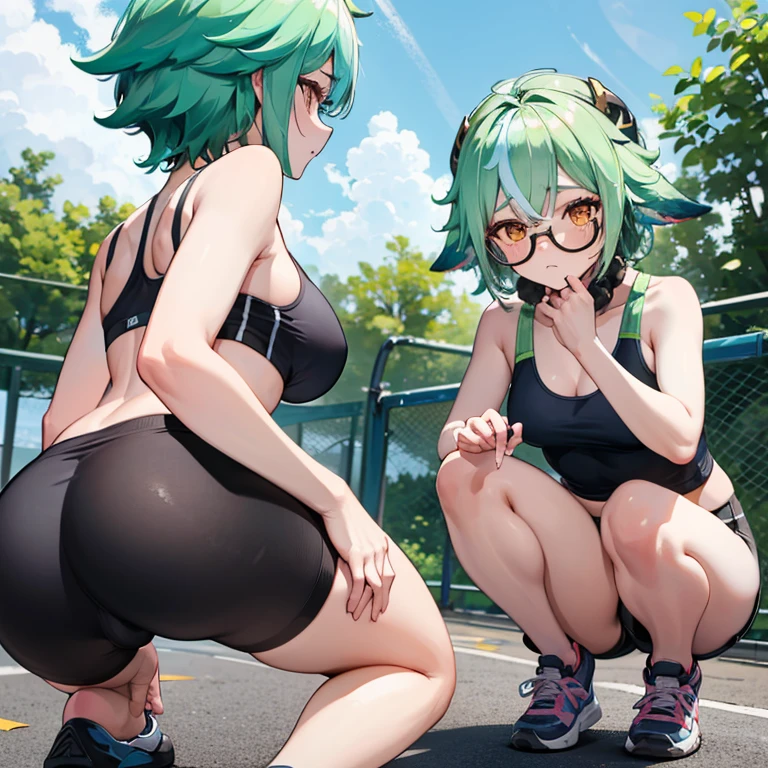 ((Sucrose)), (Sports bra), (bike shorts), (view from behind), (small breasts), (petite), (squatting)