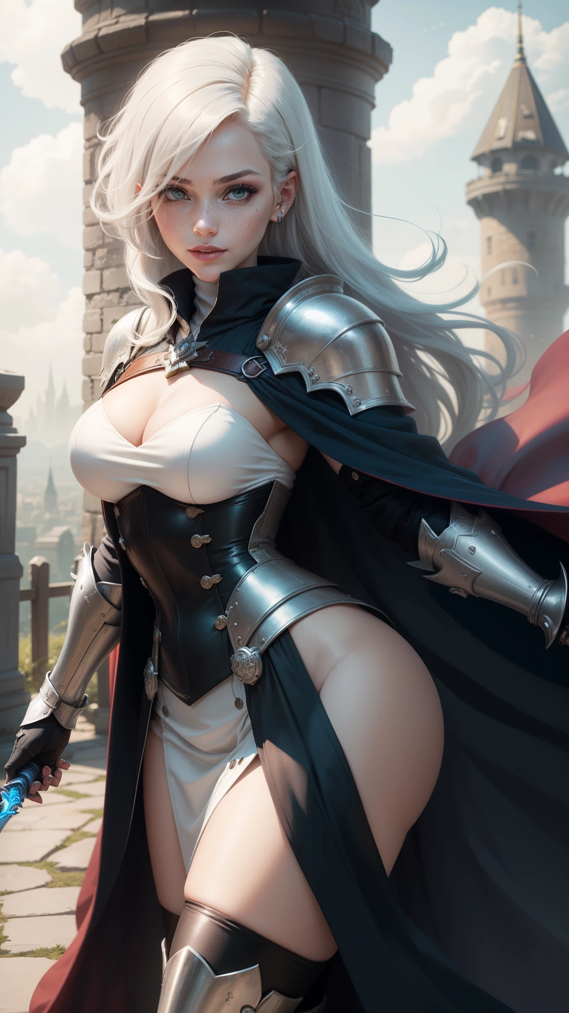 gwen tennyson,yorha 2b,tracer,erza scarlet,overwatch,atelier ryza,close up,castle siege battle,tattoos,silver and white plugsuit,white short sleeve knight top,short sleeve knight full plate armor,long knight skirt,steel knight corset,knee long hair,queen makeup,green eyes,multicolored silver hair,long dress train,sexy smile, freckles,beautiful girl,silver thigh high boots,large breasts,8k,ultra detailed,realistic,fantasy art,silver knight uniform,queen gown dress,hair pin,ear piercings,templar hand and neck jewelry,(weather:windy),1girl,long jade knight coat,battlefield,holding a templar scepter,