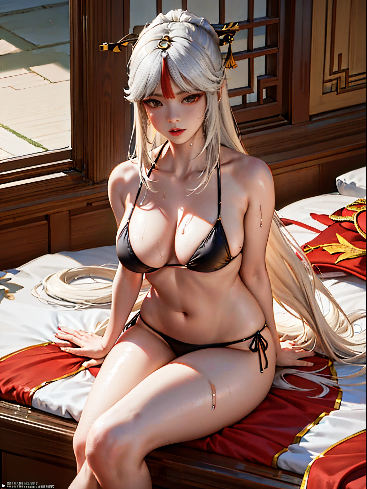 UHD, anatomically correct, super detail, award winning, masterpiece,tachi-e,(1 female wearing loose bikini,sitting on a bed,spreading leg,white long hair),(Wet body),(hands behind back),(Open month),SOLO,(Ningguang\Genshin Impact)