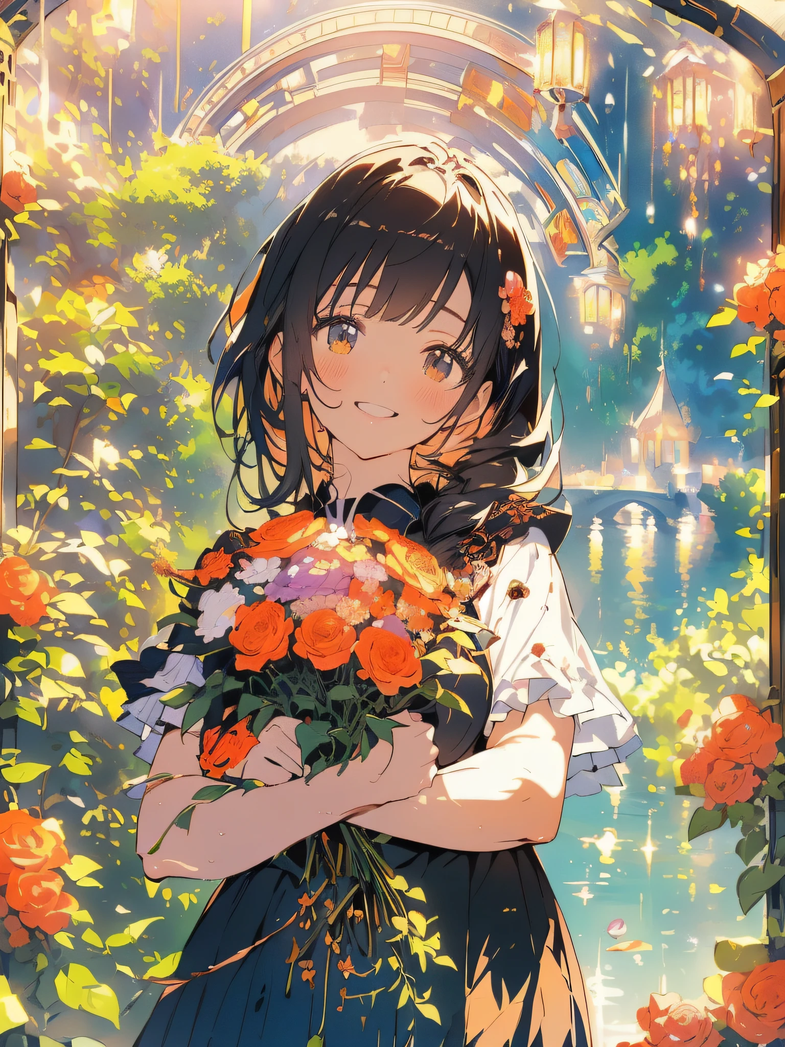((masterpiece, 8k, detailed), (masterpiece:1.2), (best quality), (ultra detailed), (8k, 4k, intricate), cute anime realistic portrait, a cute young lady in black dress holding a bouquet of roses and looking down, romantic, night sky background, cute, in the style of orangesekaii, sweet, top down angle,