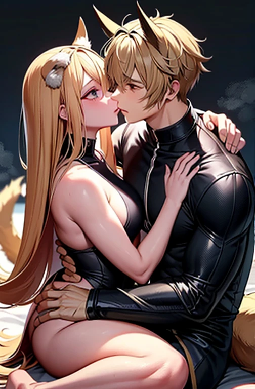 4k、ultra-detailliert、Official art、(((Man to man、Two men、Men of normal body type、Same age、Good mood、glad、 Male twins、High school students、student clothes、steam、Animal ears、The tail of the beast、muscular guy、perfect eyes)))、geisha、Hands gripping the waist、Trance、cum on、Black-haired and blonde、Two men diametrically opposed、Two people laughing、stare at each other、stroking the head、Hugging the waist、animal ear、Animal tail、、Men with broad shoulders、Tight Fit Undershirt、Hugging the waist、Kissing between men、、red blush、perspiring、、Lying in bed