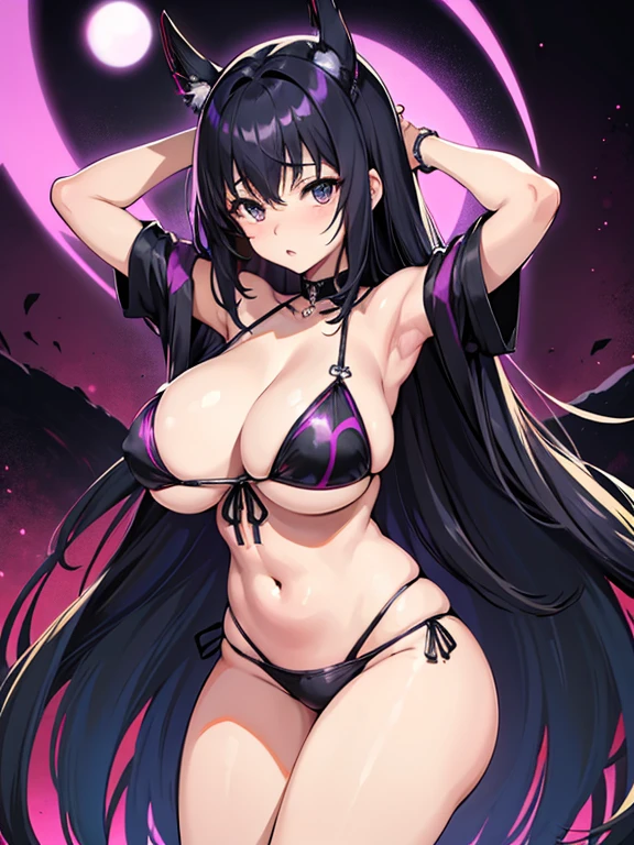 anime (Kampfer), lady , sexy (very big boobs), actress (Shizuku Sango) , black / purple long muticolor hair to hip / past hip length , black eyes , bikini, hime cut, tie, dual swords, She models and dances at a studio