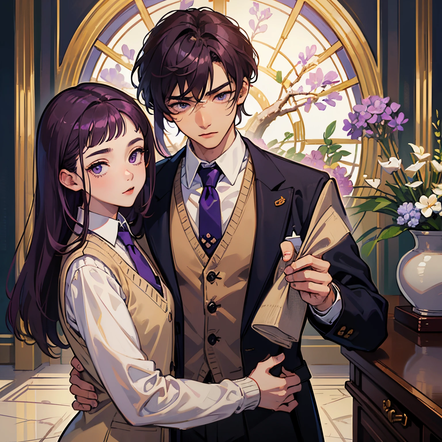 masterpiece、top-quality、Perfect body、delicate facial details、full bodyesbian、1 boy、独奏、Strong、a purple eye、chestnut hair:1.3、student clothes、blazers、Beige knitted vest、Purple tie