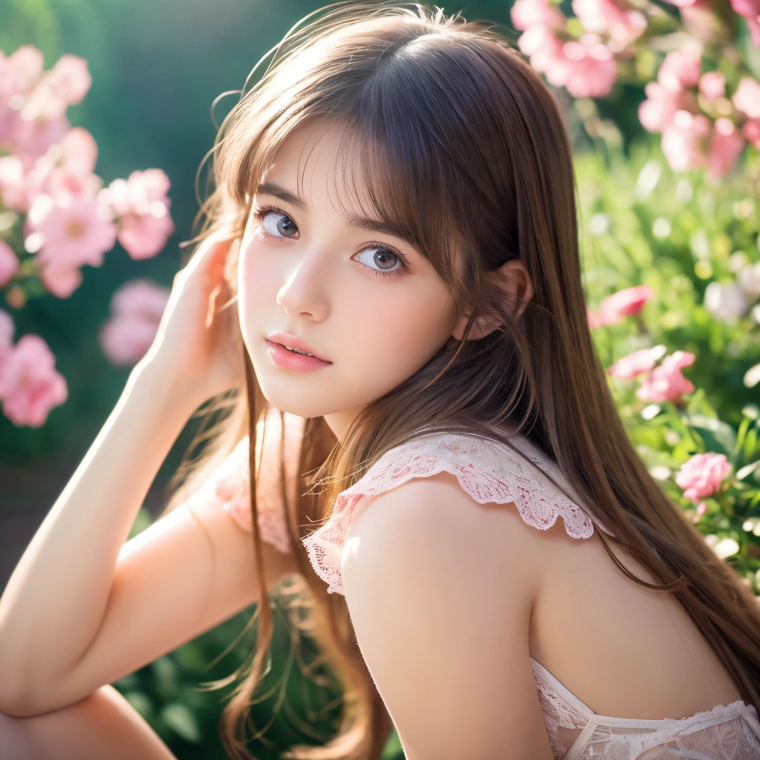 (best quality,ultra-detailed,highres,masterpiece:1.2),portraits,anime,beautiful detailed eyes,beautiful detailed lips,extremely detailed eyes and face,long eyelashes,lingerie,teenage girl,fit body,natural,soft skin,playful expression,youthful,artistic lighting,vivid colors,blurry background,fantasy scenery,anime-style artwork,shoujo manga,delicate lines,emotionally captivating,subtle color gradients,expressive characters,sparkling eyes,gentle breeze,pink hues,innocence,serene atmosphere,daydreaming,garden setting