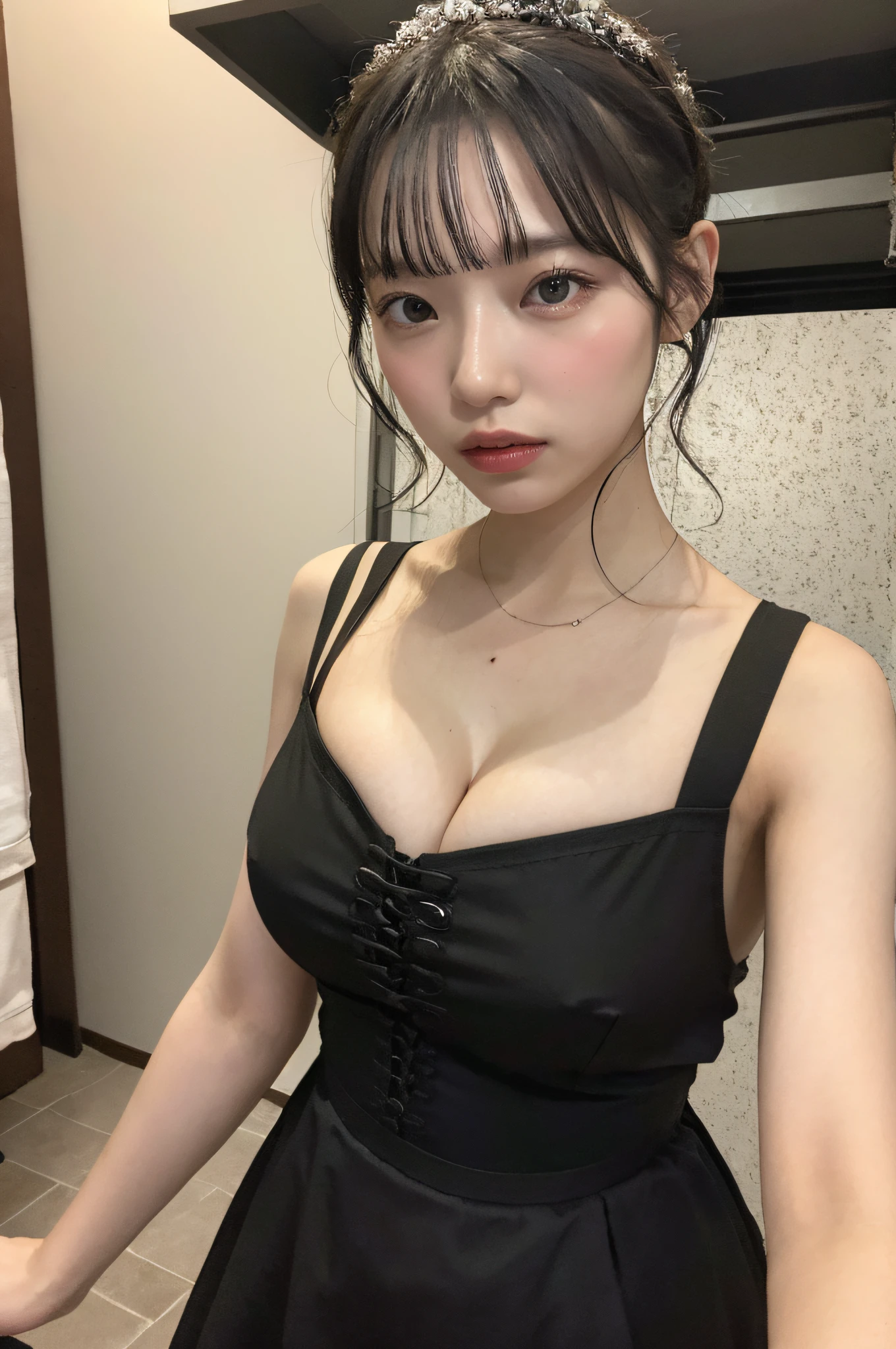 (Original Character、Unity 16K Wallpaper, Masterpiece, Best Quality, Ultra-Detailed, Extremely Detailed CG, Caustics, Cinematic Lighting, Detailed, Beautiful Detailed Eyes, solo,sexy women), Ultra High Resolution, fine skin, (maid, maid apron, maid headdress,black maid skirt), (strong light)、oily skin,curby:1.2,Huge gigantic breasts:1.2,mansion、(cowboy shot、above chest,portrait),