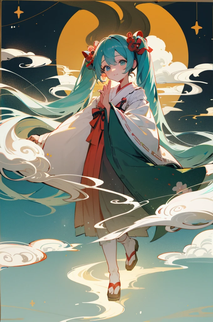high-level image quality,Full limbs,complete face,complete fingers、miku hatsune,Kimono,shrines,kyoto,Dragon in the sky,Little Dragon,