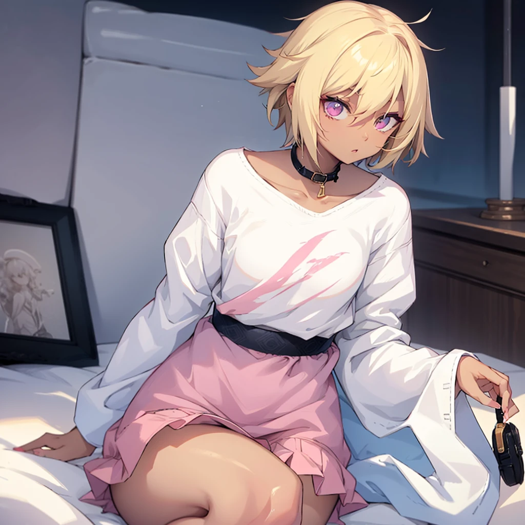 A tomboy girl with short blonde hair and pink eyes with dark skin, attractive body. Wearing casual clothes, fashionable clothes.