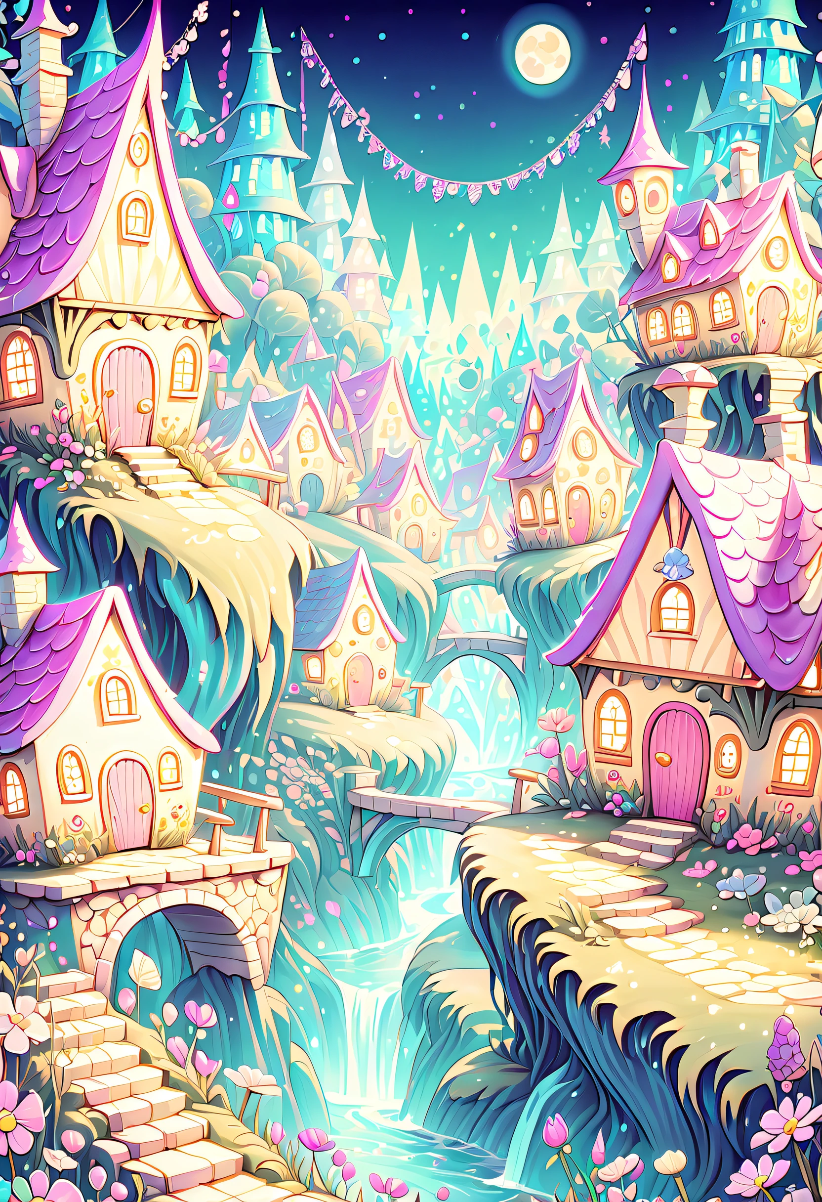 (Whimsical cyber fairy grunge village illustration:1.3), Grunge elements effortlessly blend with fairy tale aesthetics, (((The image 、It represents adorable and cute scenes decorated with adorable and cute illustrations.:1.2))), (((Main subjecteticulously painted paintings depict the charm of a fairy village:1.4))), A vibrant and fun fusion of pastel colors, Edgy cyber-inspired elements, (A clearly charming and well-worn fairy house:1.1), (((Exude a high level of quality:1.3))), (((A fascinating world of intricate detail:1.3))),