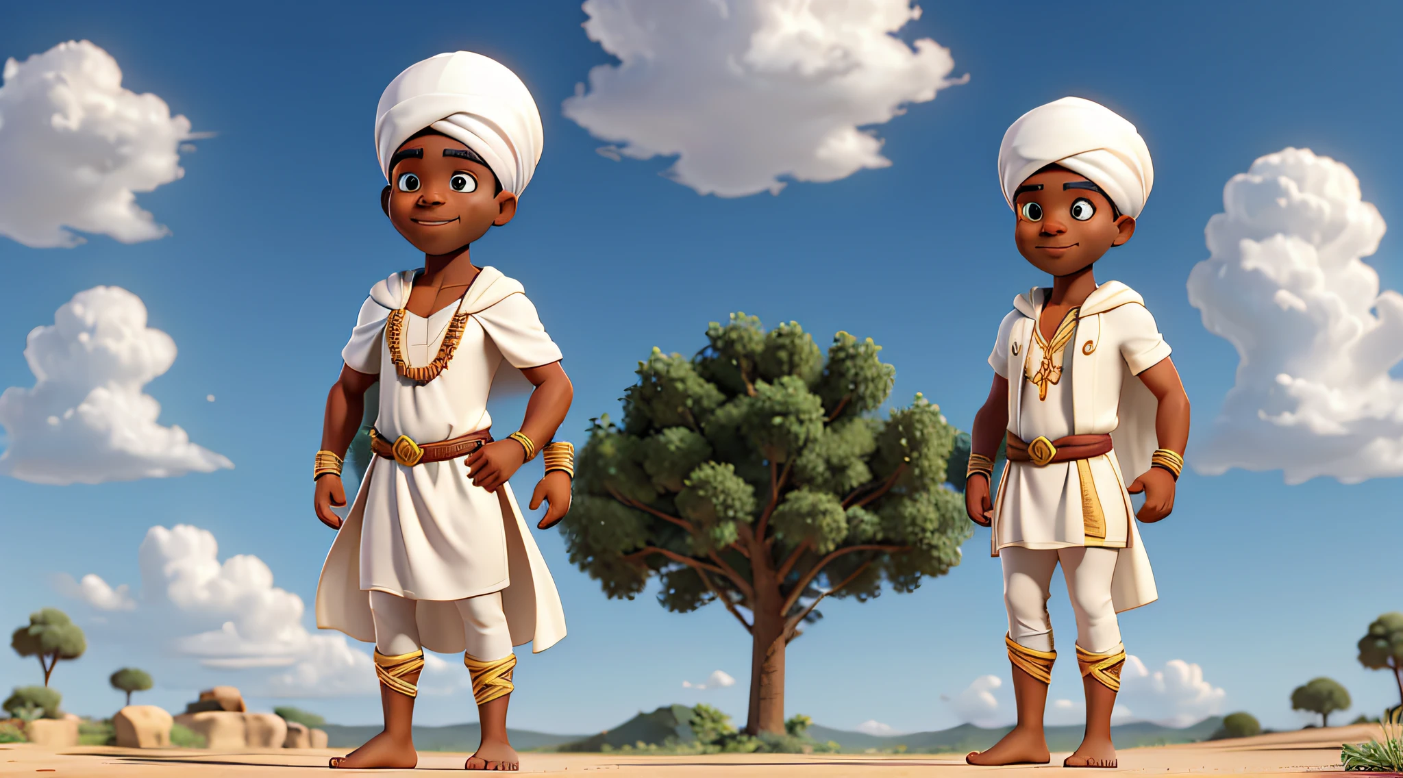 Homem africano musculoso de 30 anos, barefoot, wearing a white tunic and cape and a turban, na frente das nuvens