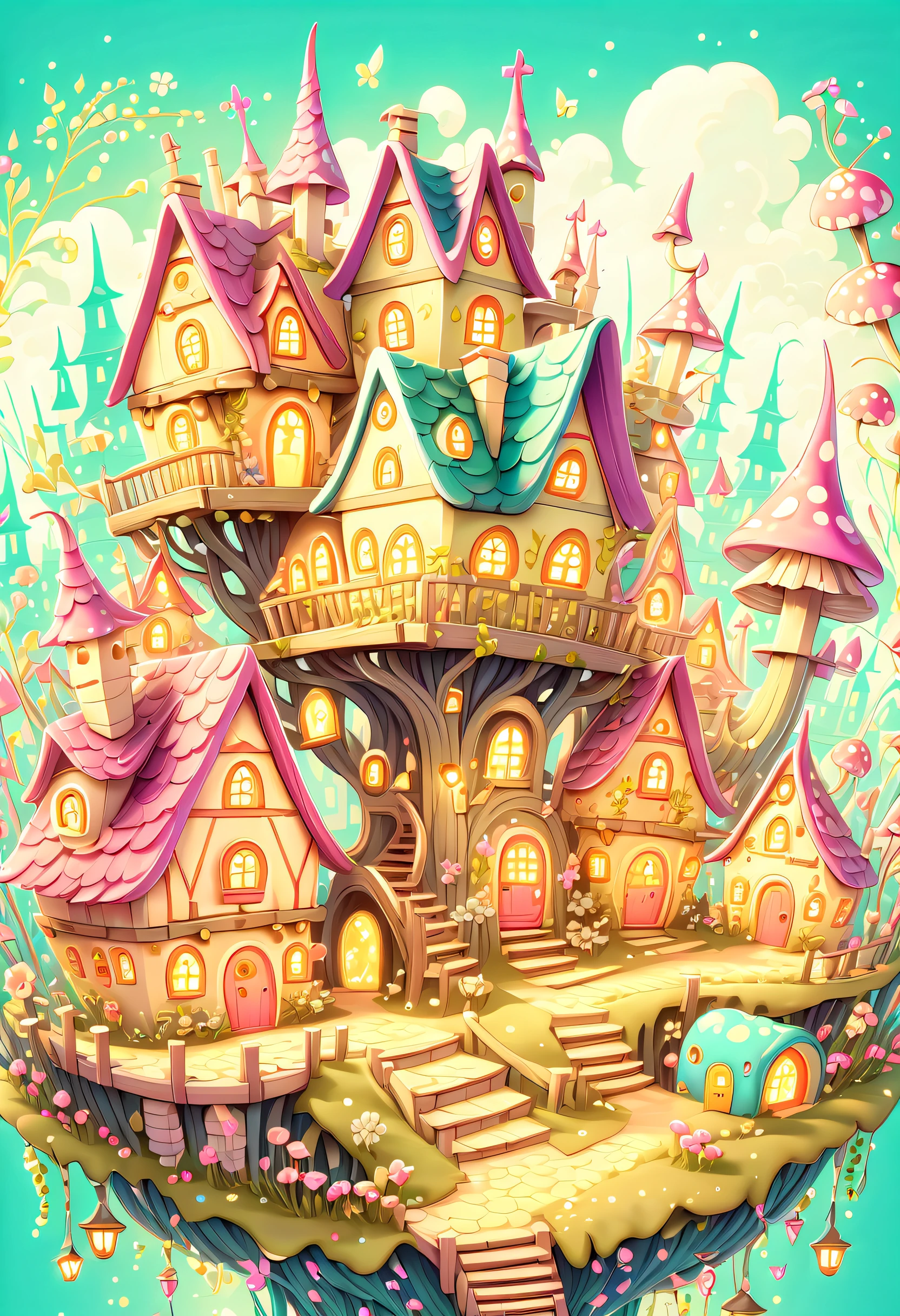 (Whimsical cyber fairy grunge village illustration:1.3), Grunge elements effortlessly blend with fairy tale aesthetics, (((The image 、It represents adorable and cute scenes decorated with adorable and cute illustrations.:1.2))), (((Main subjecteticulously painted paintings depict the charm of a fairy village:1.4))), A vibrant and fun fusion of pastel colors, Edgy cyber-inspired elements, (A clearly charming and well-worn fairy house:1.1), (((Exude a high level of quality:1.3))), (((A fascinating world of intricate detail:1.3))),