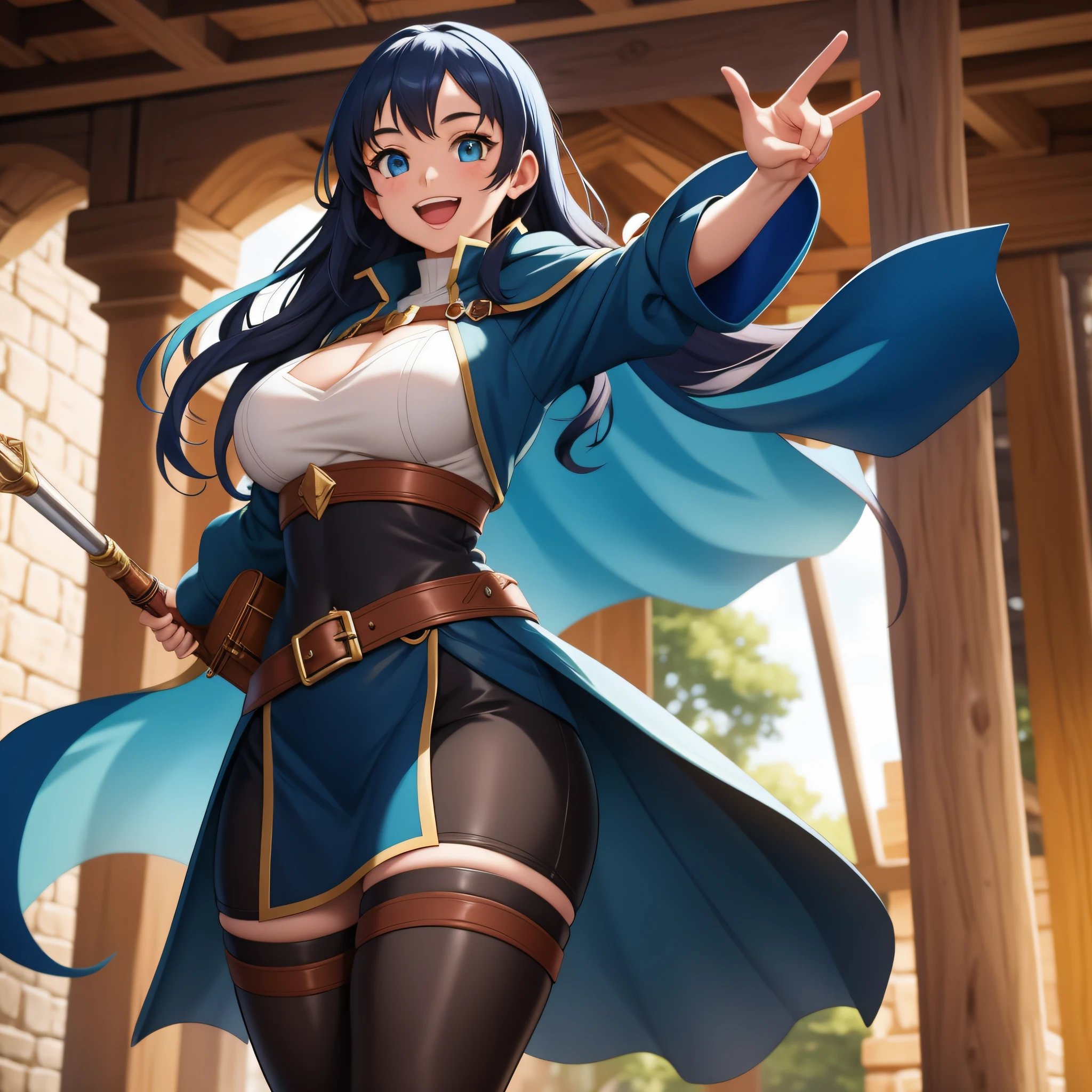 Solo heroic female adventurer in a medieval high fantasy ISEKAI setting, vibrant colors, upbeat tone, energetic, happy to see you,