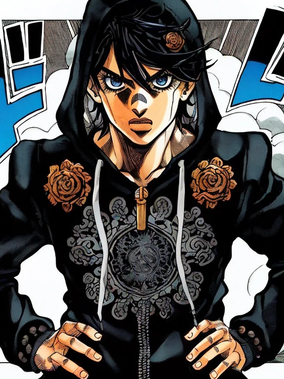 jojo's Bizarre Adventure Colored Manga Panel Of A young Mexican teenage boy with dark black hair with a black hoodie full body pose