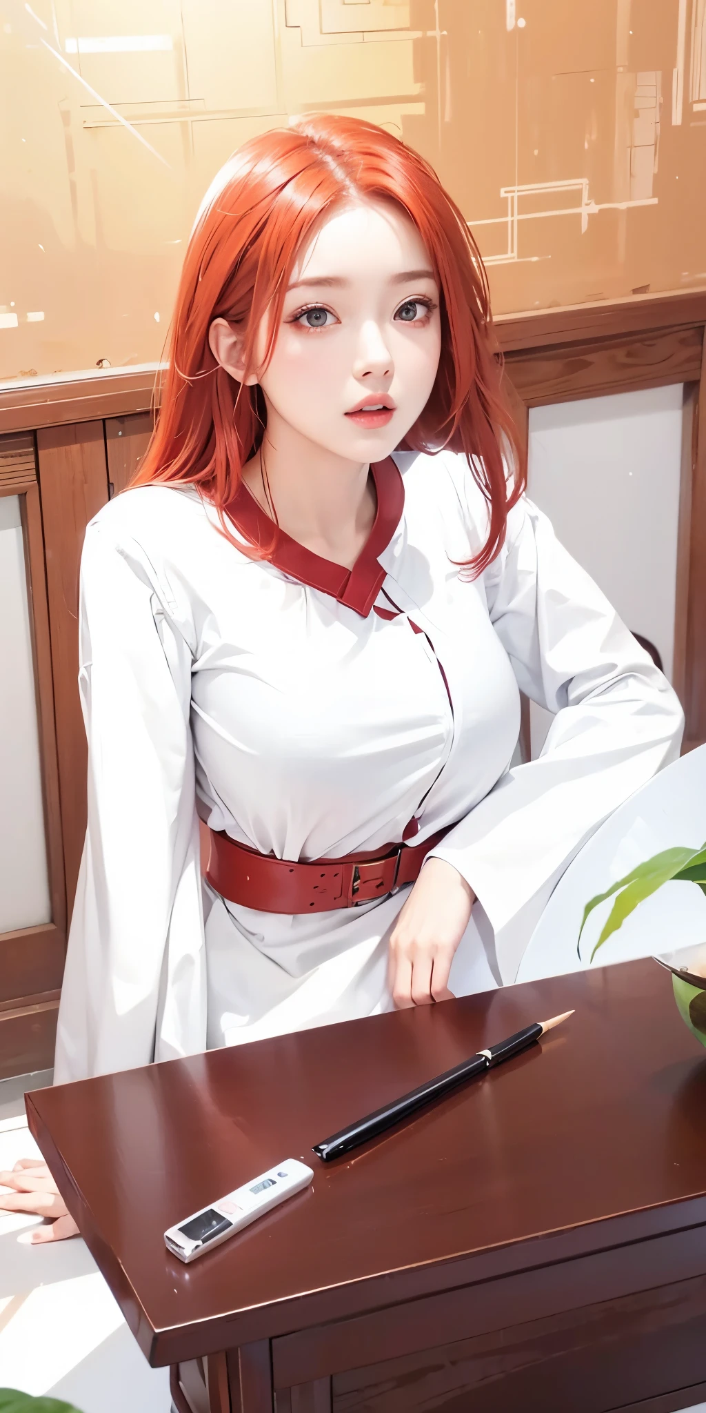 1girl,huge breast, red hair, red eyes,high quality, ultra detailed, masterpiece, realistic, clothes 